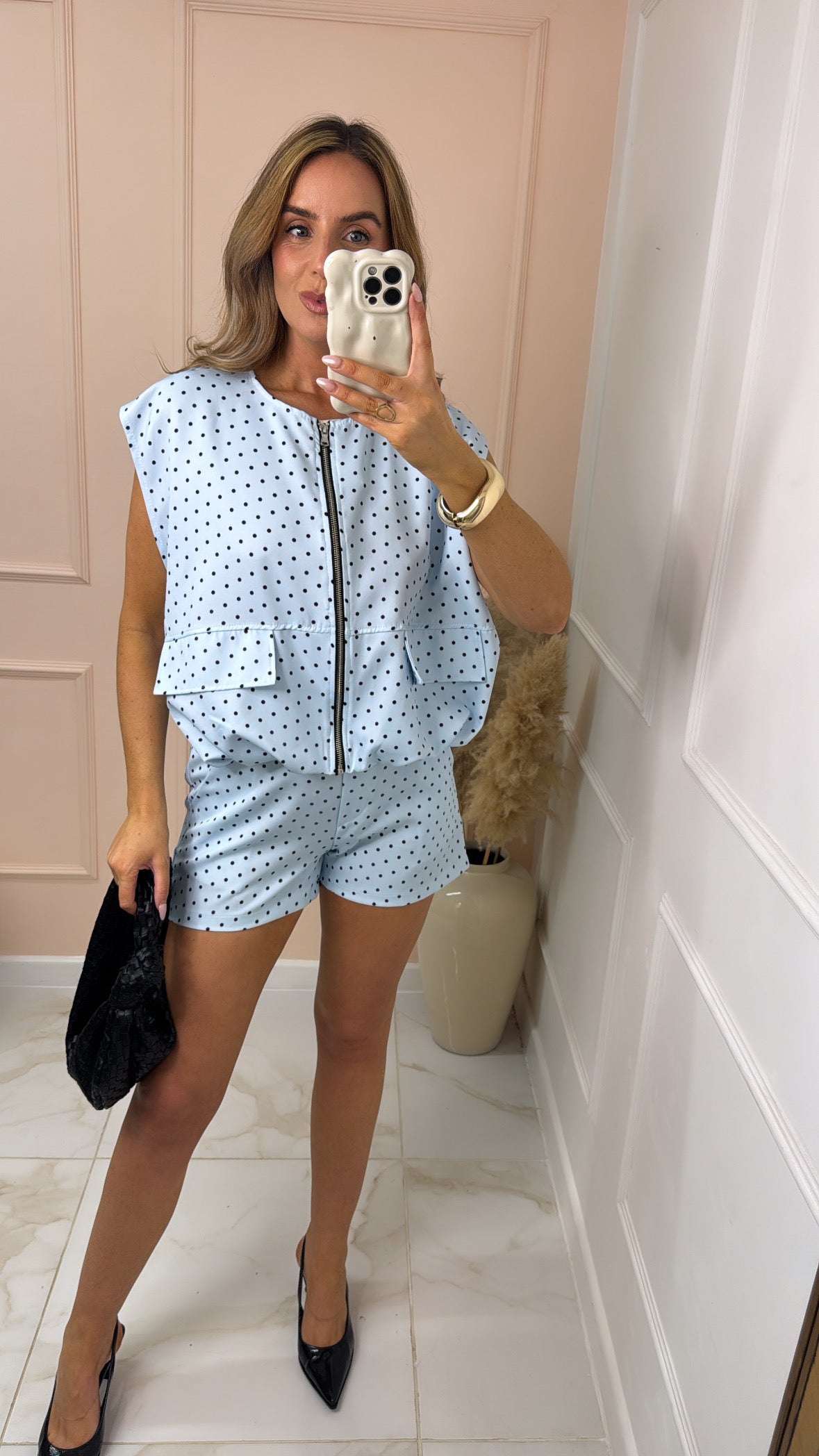 BEKI blue polka dot zip short set