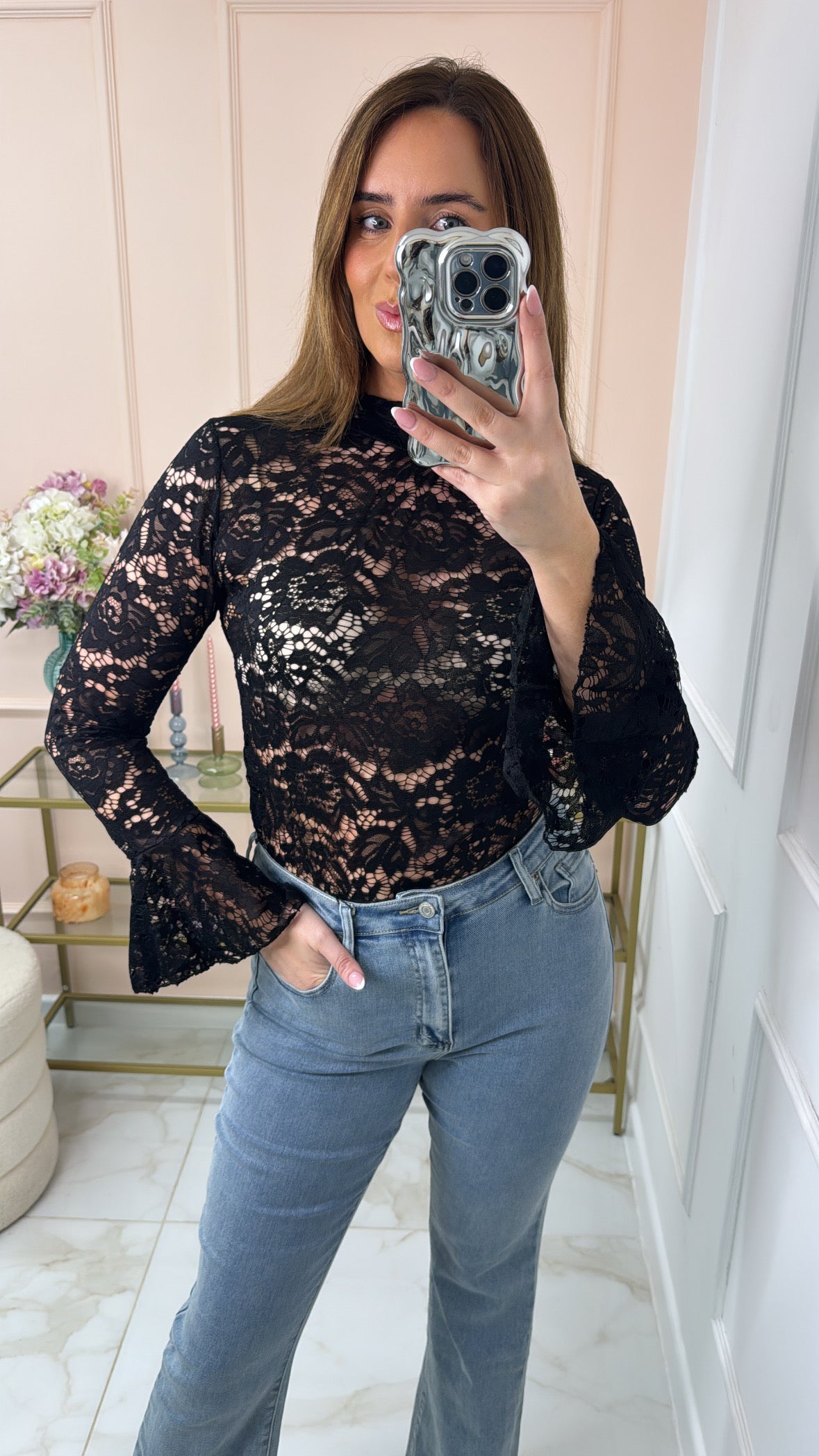 DAHLIA black lace mesh blouse
