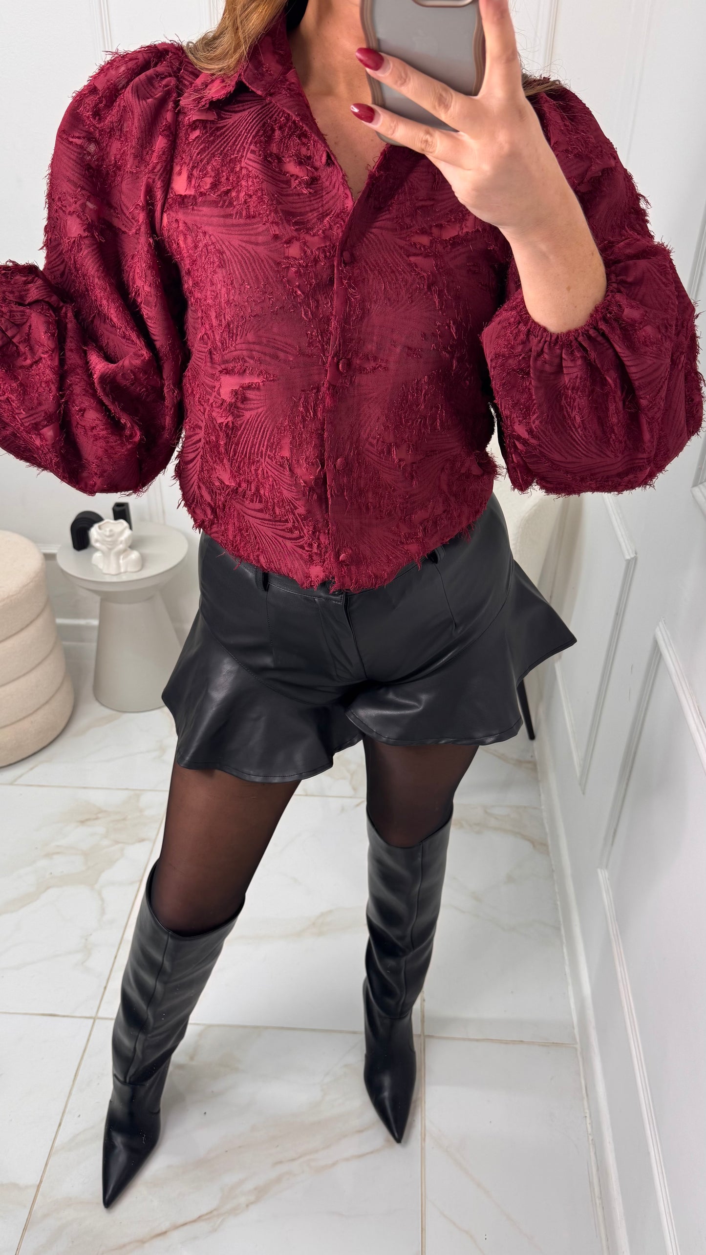 ABBIE burgundy textured balloon sleeve blouse