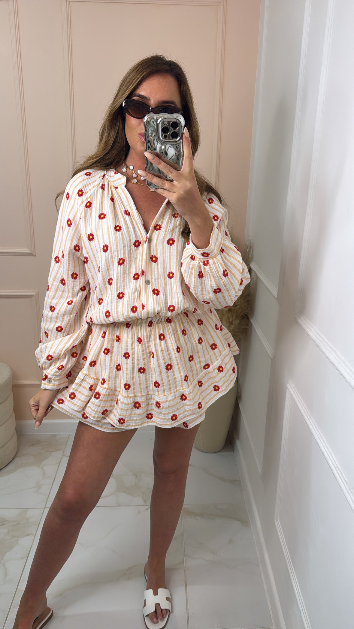 LILLIAN peach daisy stripe cheesecloth playsuit