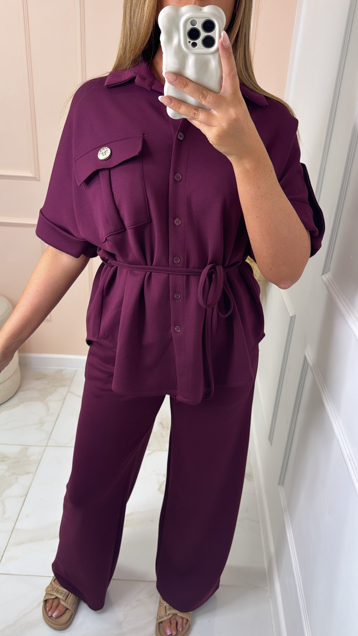 MEG burgundy button up tie waist trouser set