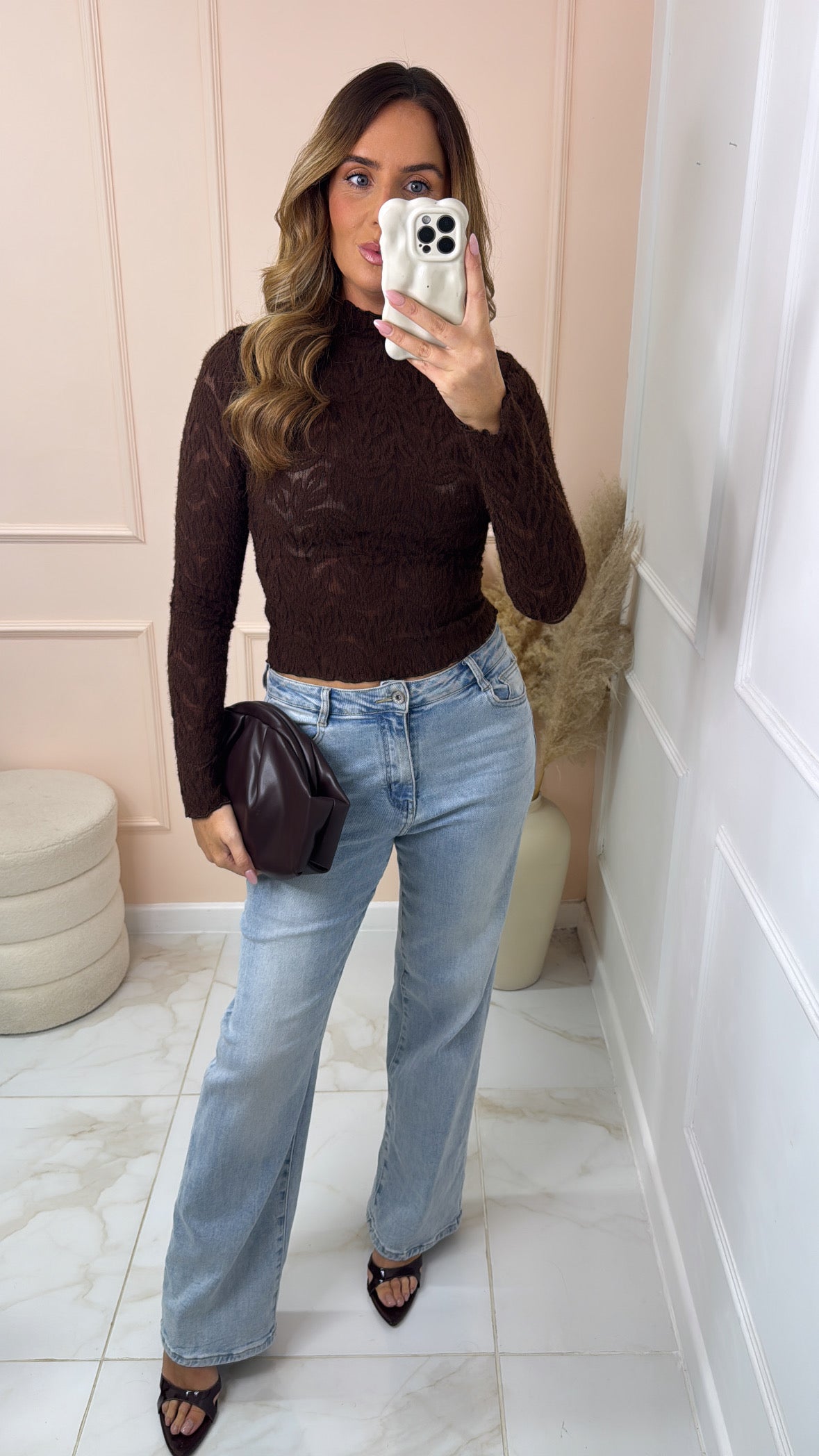 ROSE brown long sleeve lace top
