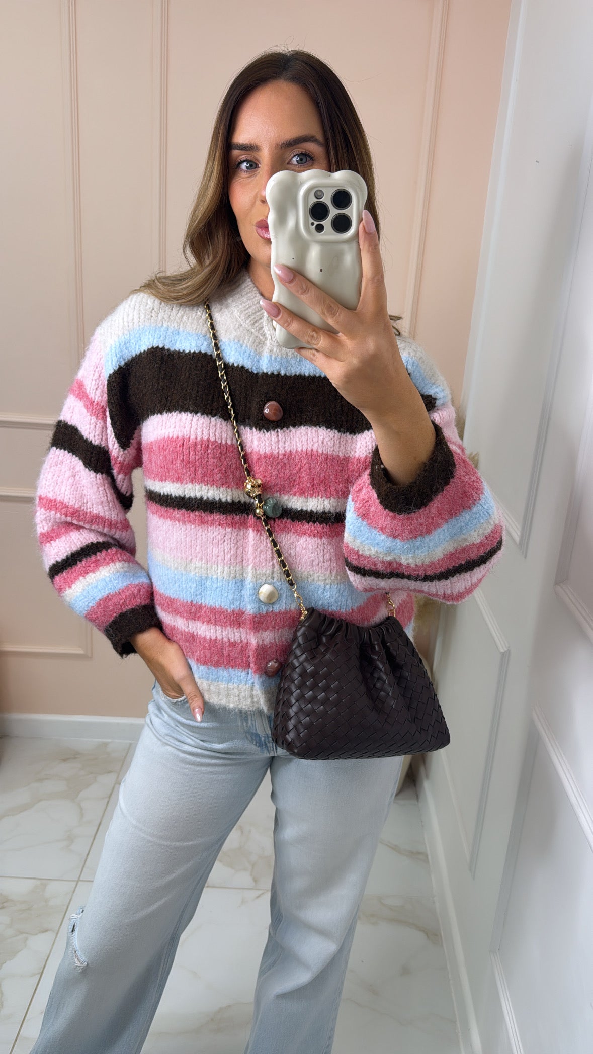 JUNIPER pink multi stripe knit cardigan