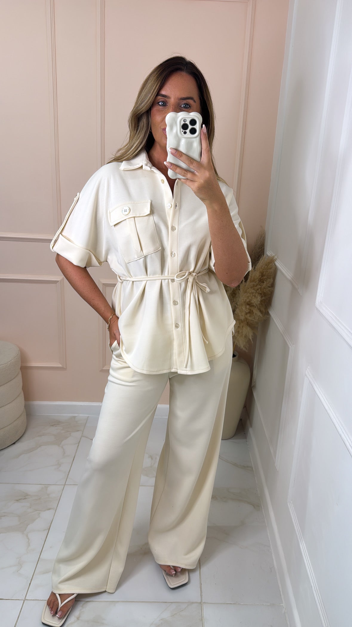 MEG cream button up tie waist trouser set