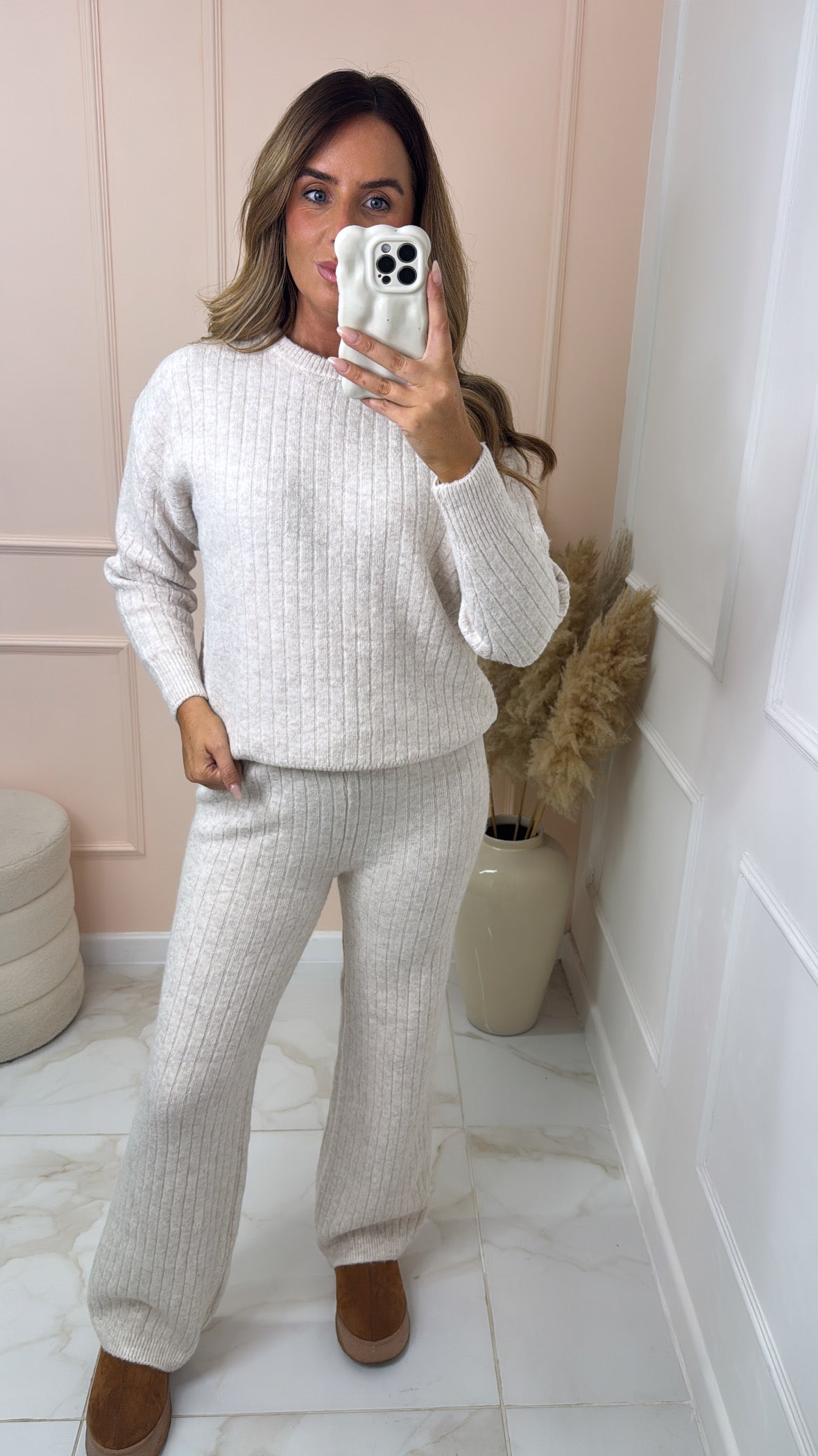 MILLIE oatmeal ribbed soft knit lounge set