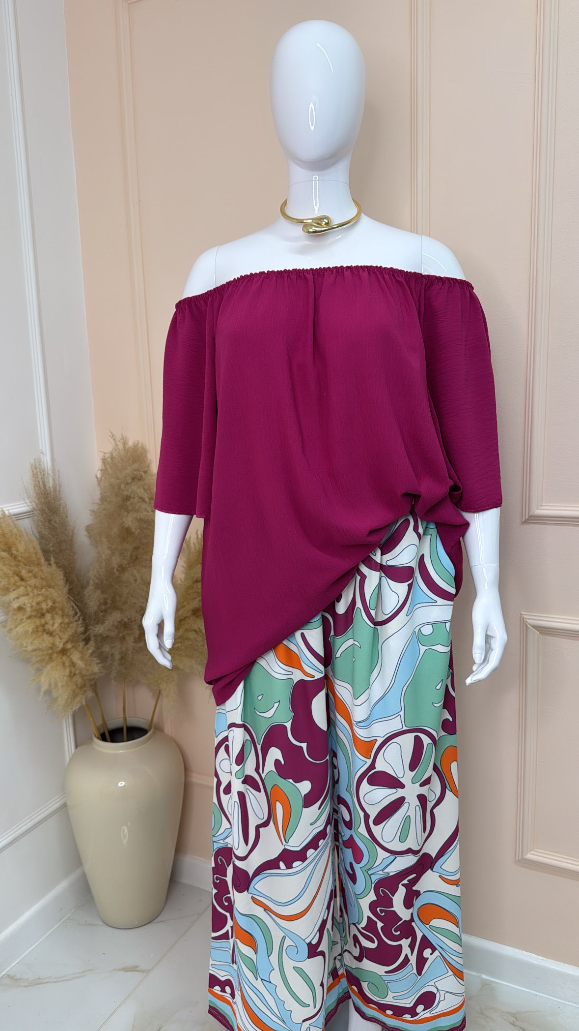 CARA magenta printed bardot trouser set