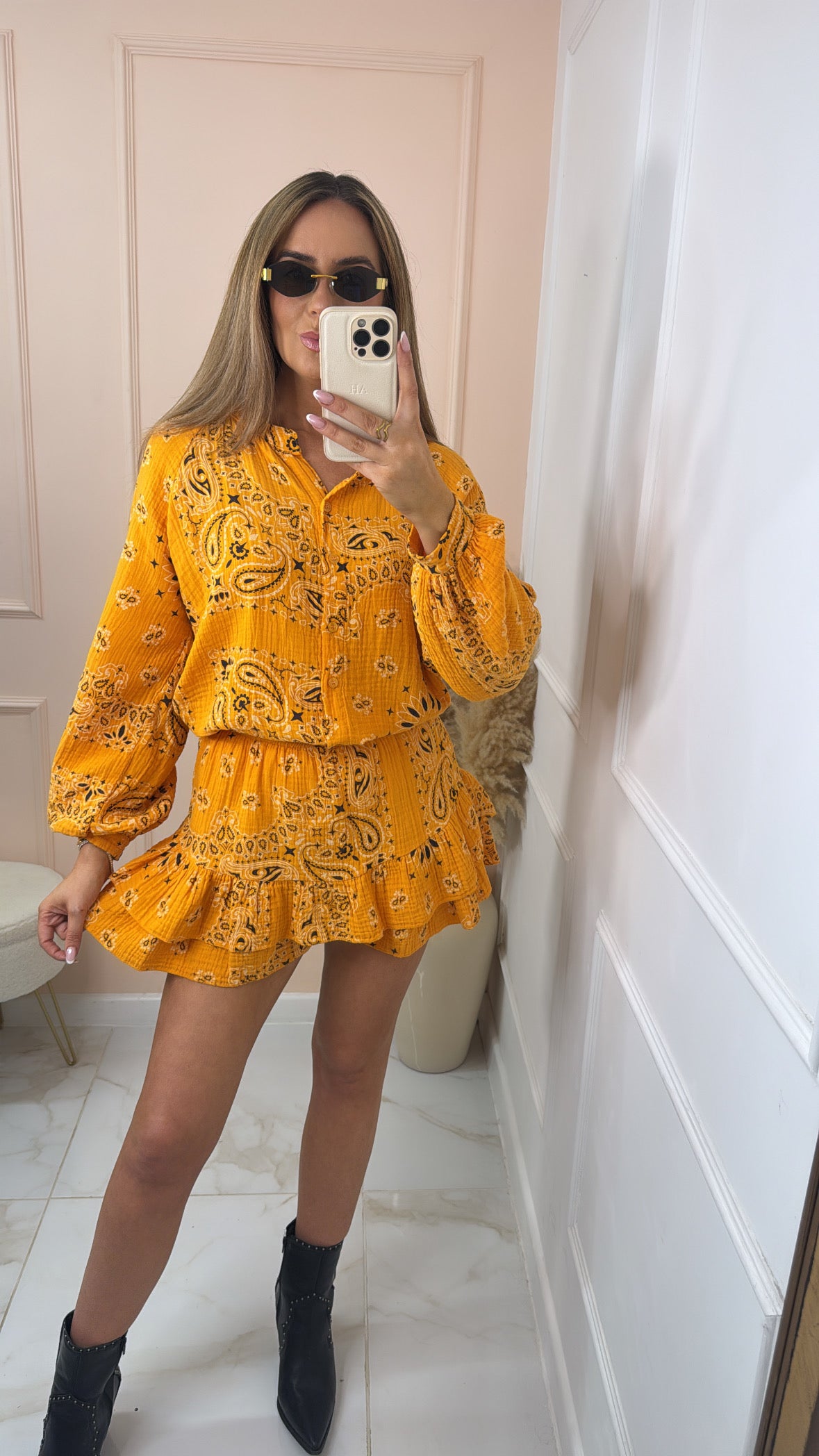 SHAE orange bandana print skort set