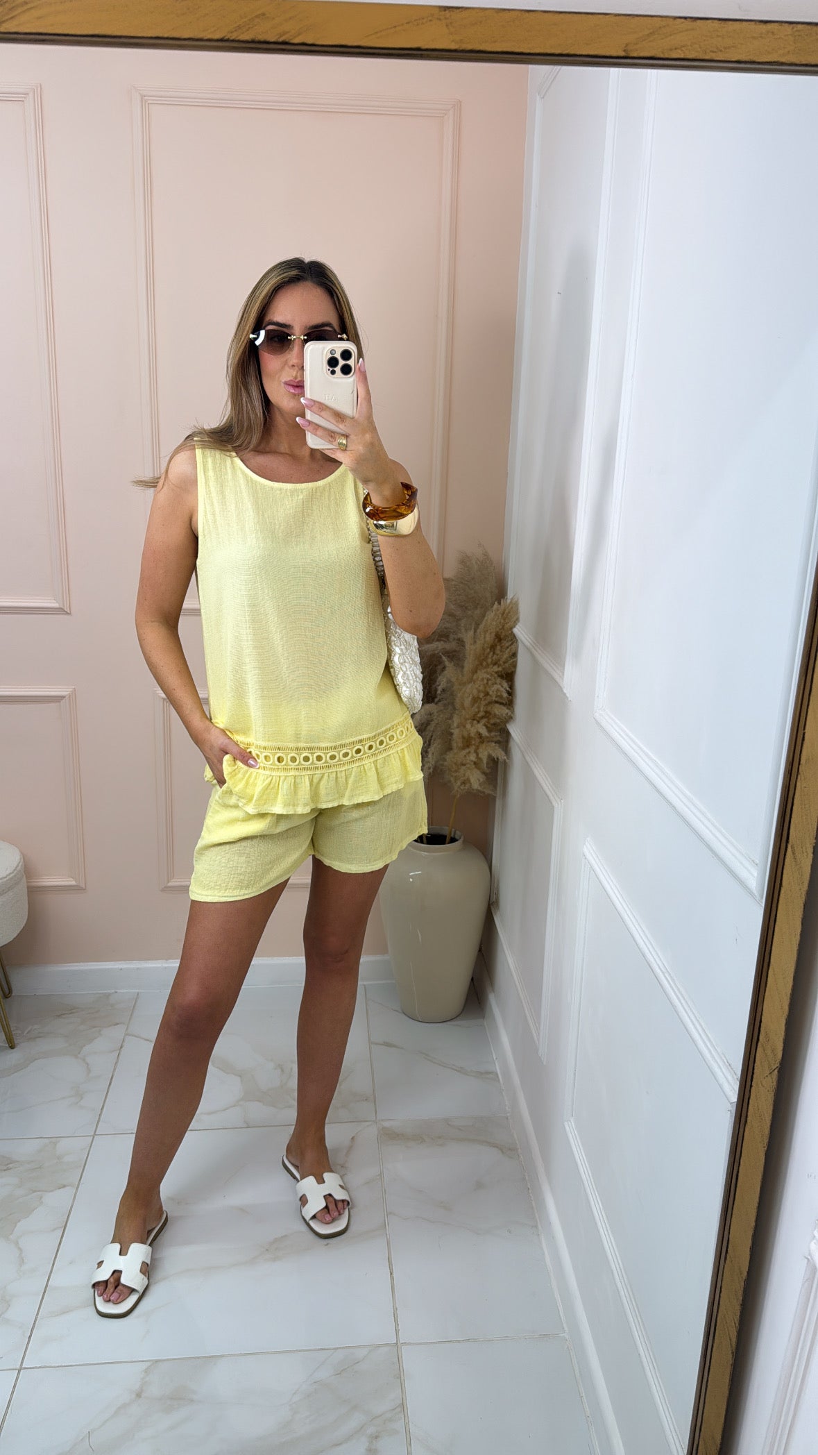 TILLY lemon embroidered frill short set