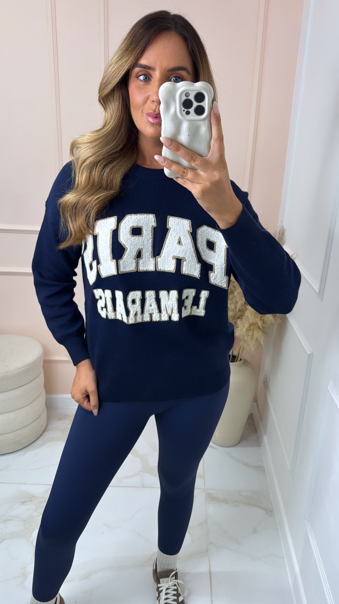 PARIS navy teddy effect embroidered knit sweater