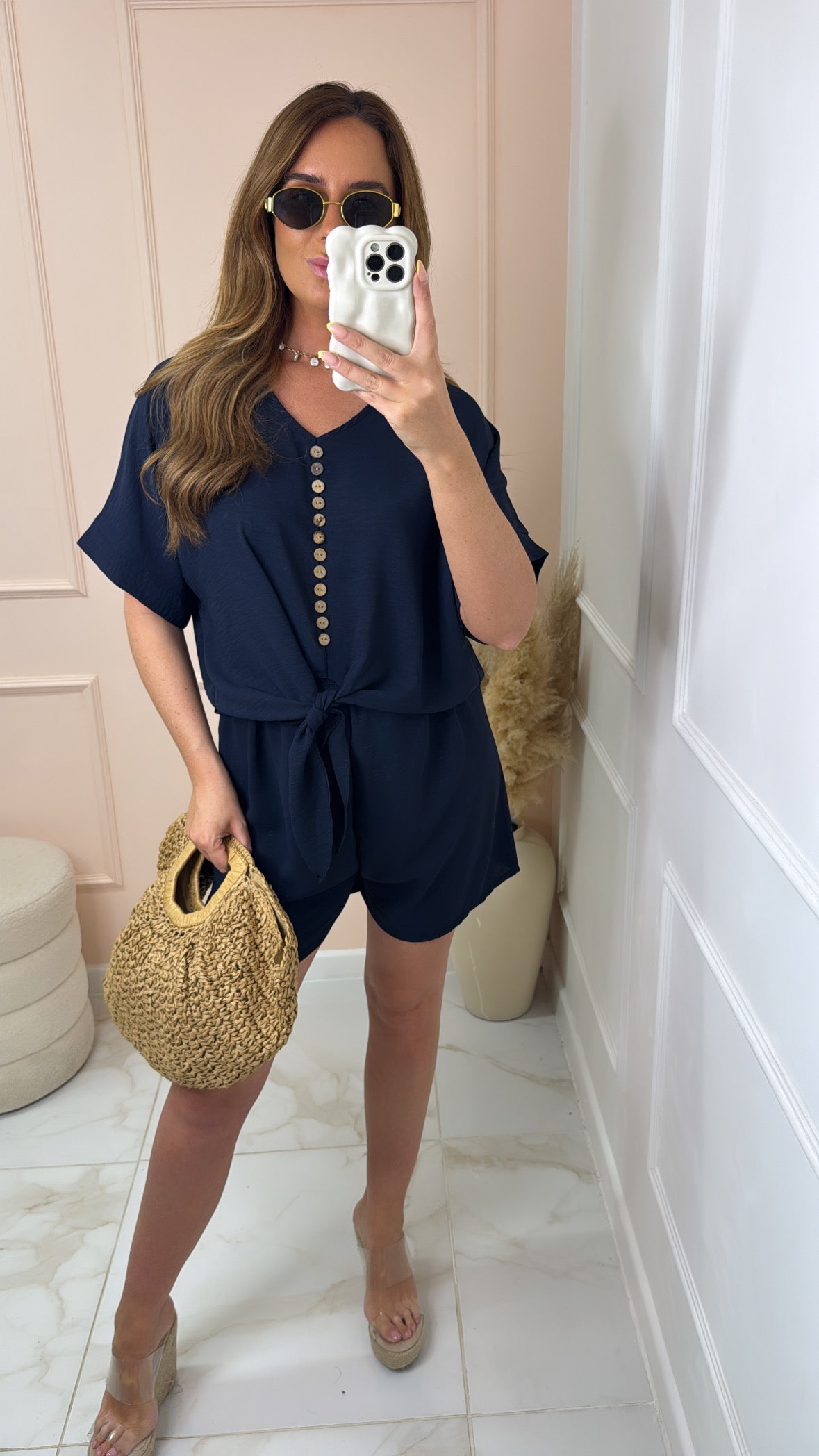 MACEY navy button tie front short set