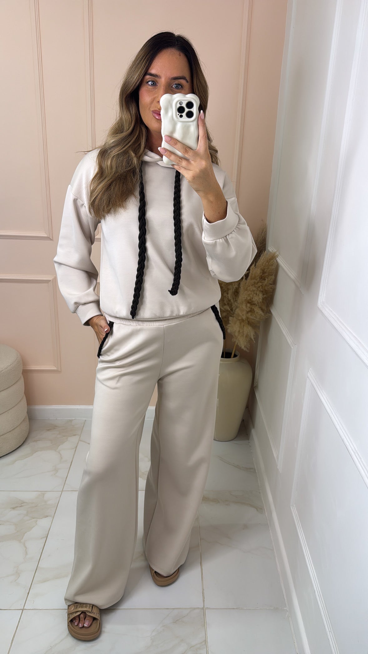 NANCY beige plait detail hooded lounge set