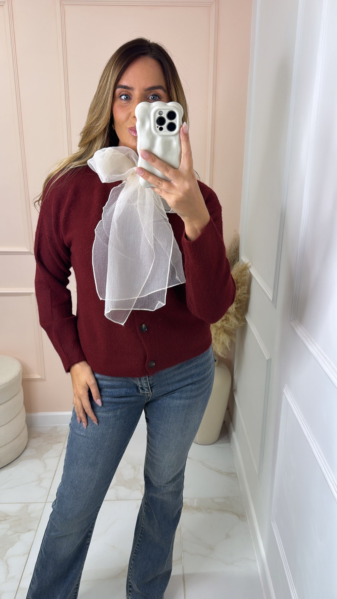 DIXIE wine organza bow knit cardigan