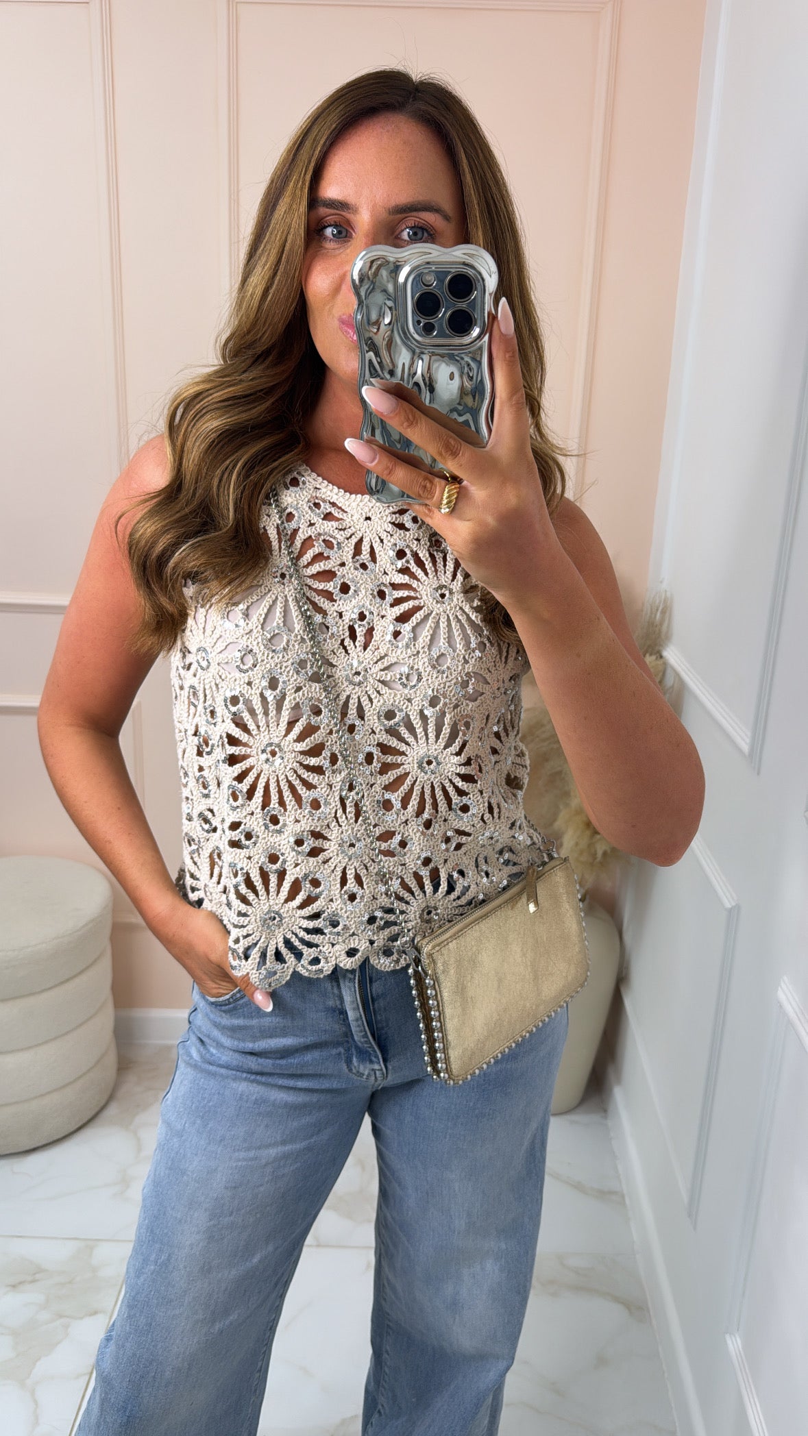 EVIE beige sequin crochet vest top