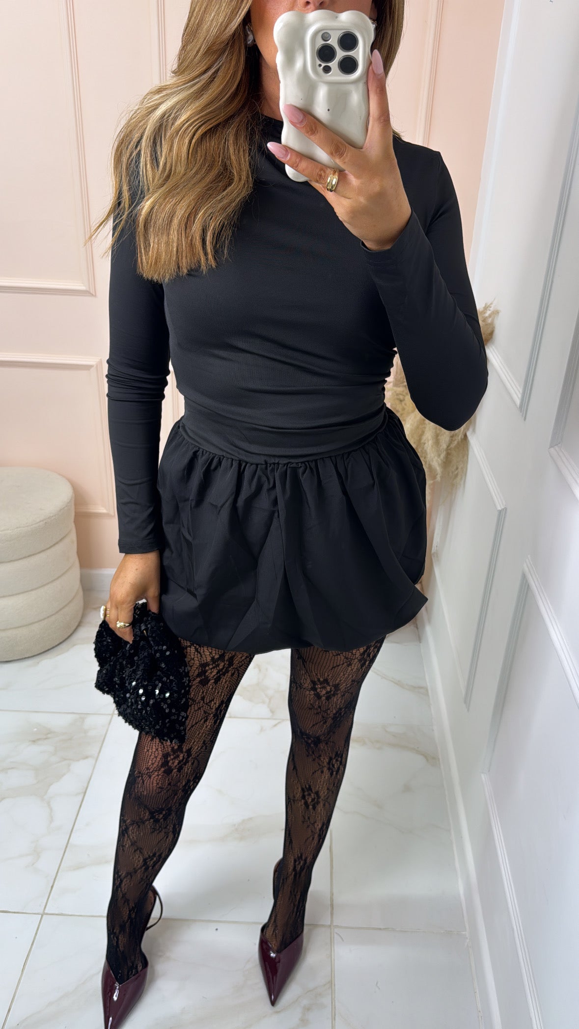 SOPHIA black puffball gathered waist mini dress