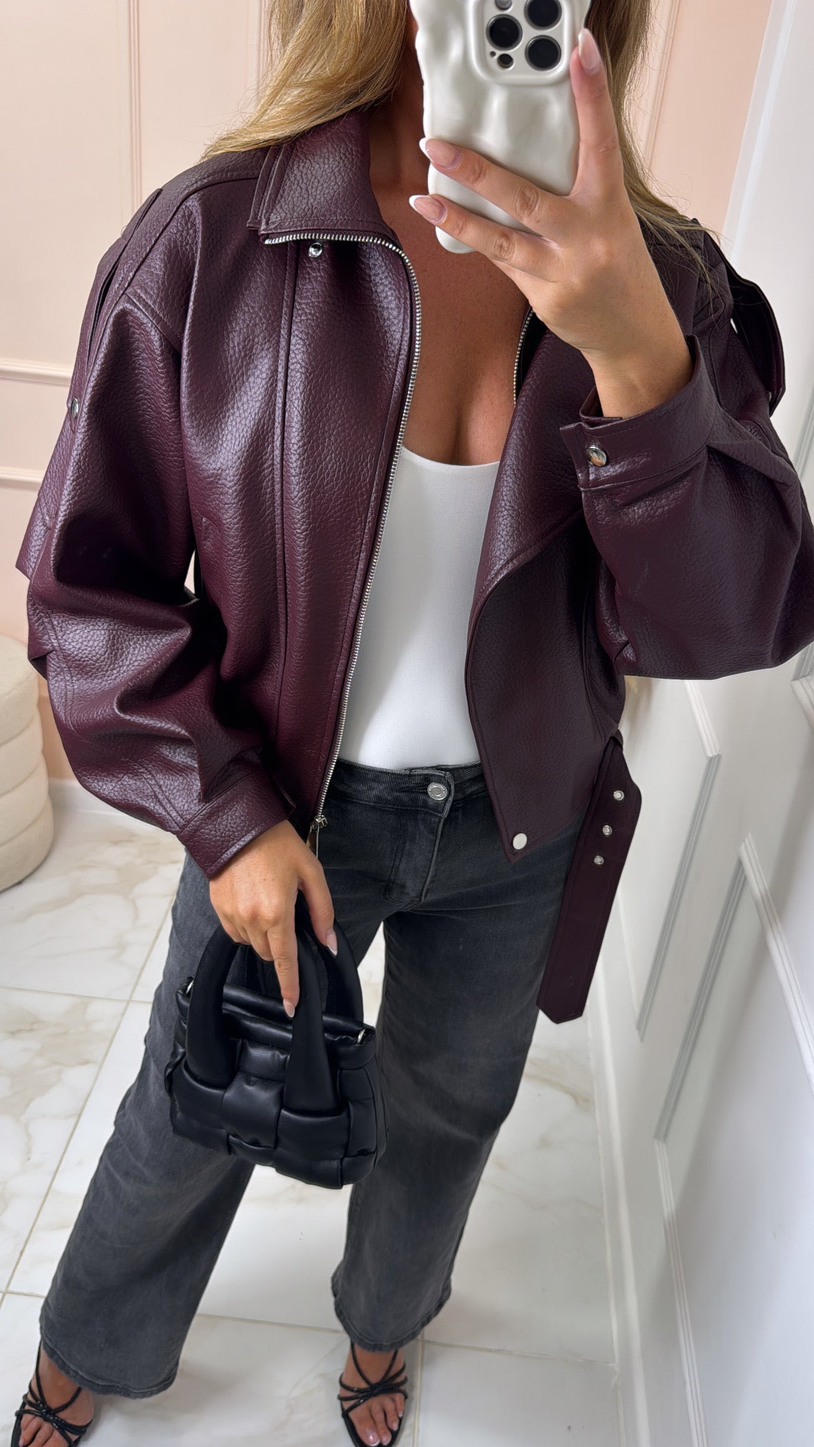 ALEXA wine belted faux leather biker jacket