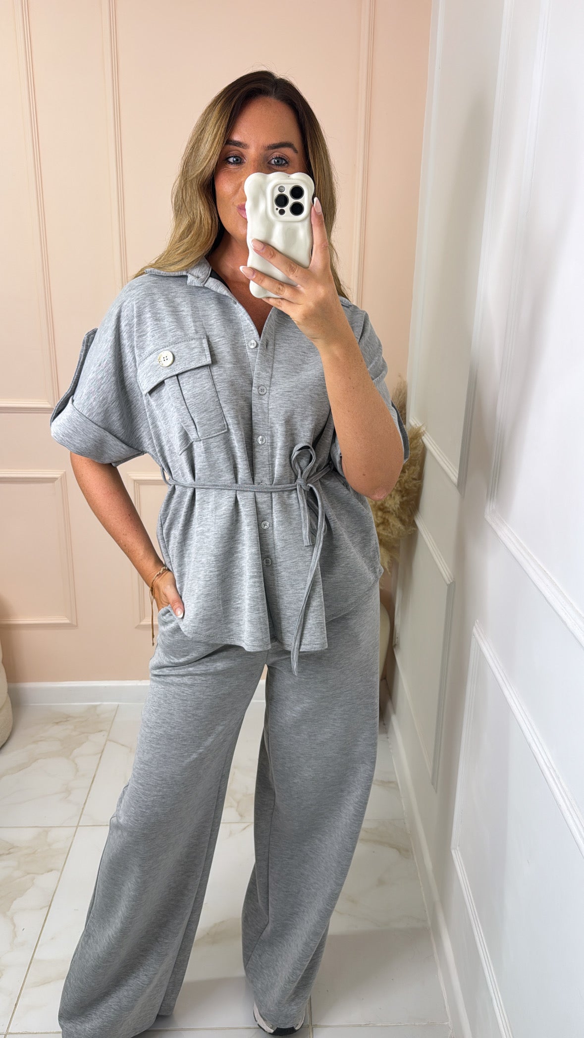 MEG grey button up tie waist trouser set