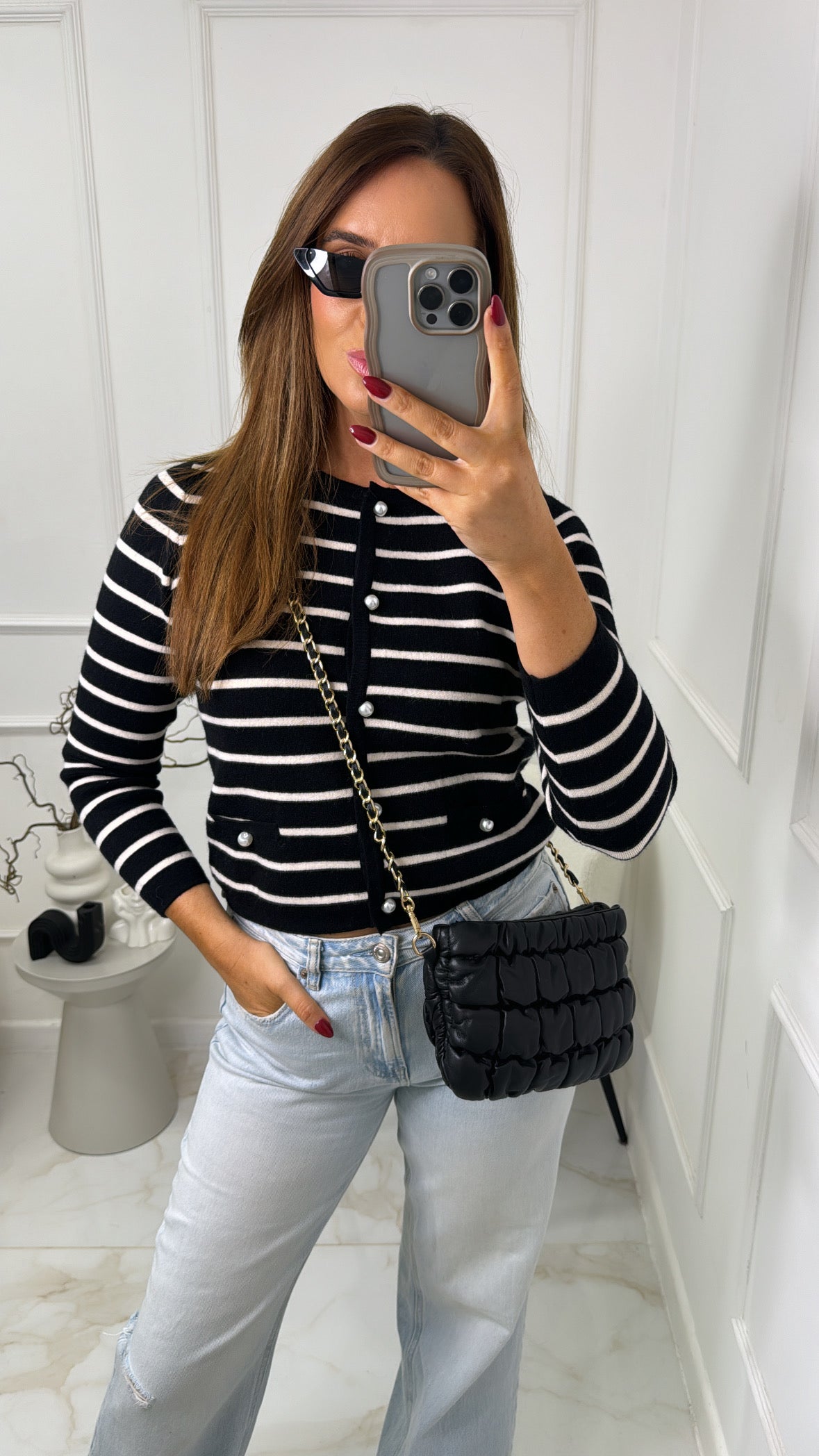LUCIE black stripe pearl button cardigan