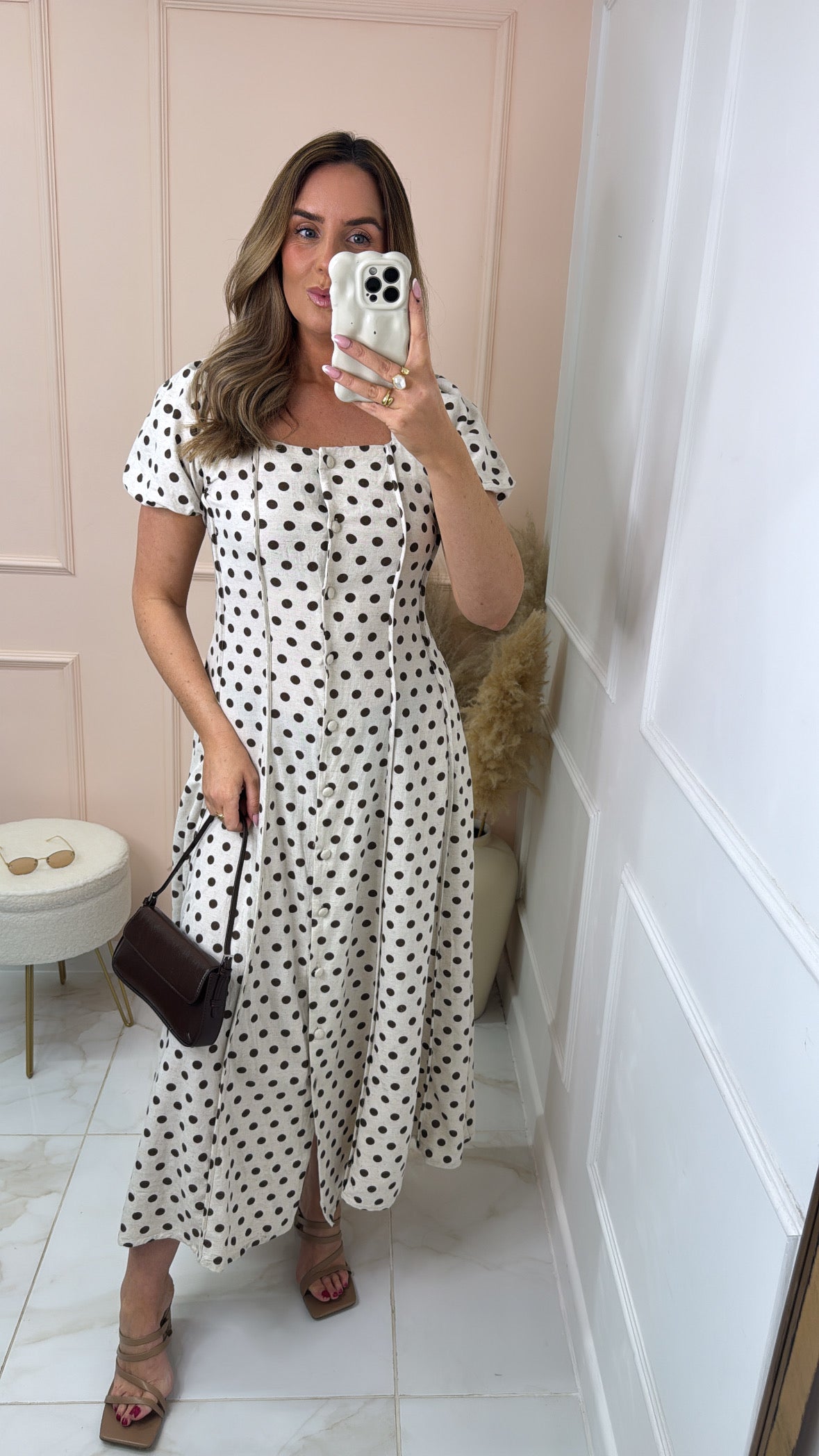LILLIAN brown linen polka dot puff sleeve dress