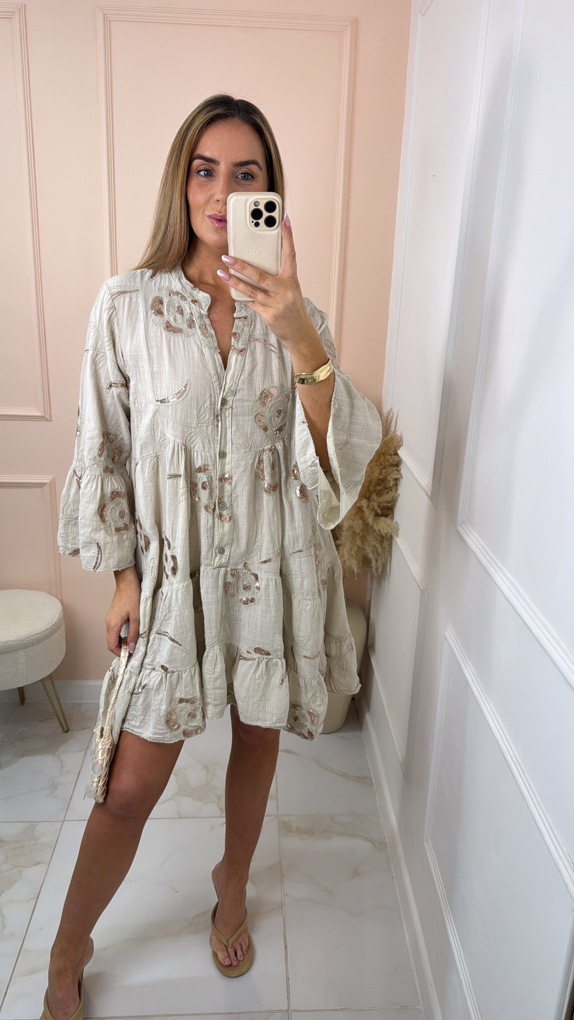MELODY beige sequin embroidered smock dress