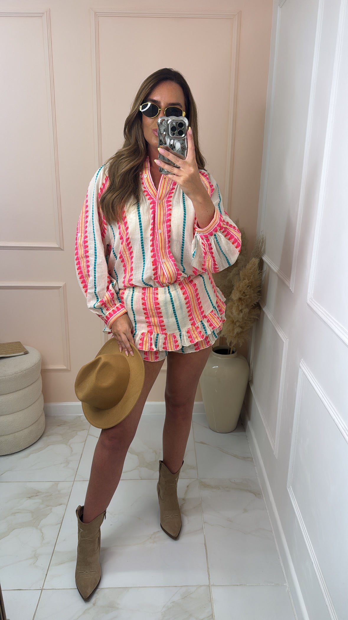 FELICITY coral aztec embroidered skort set