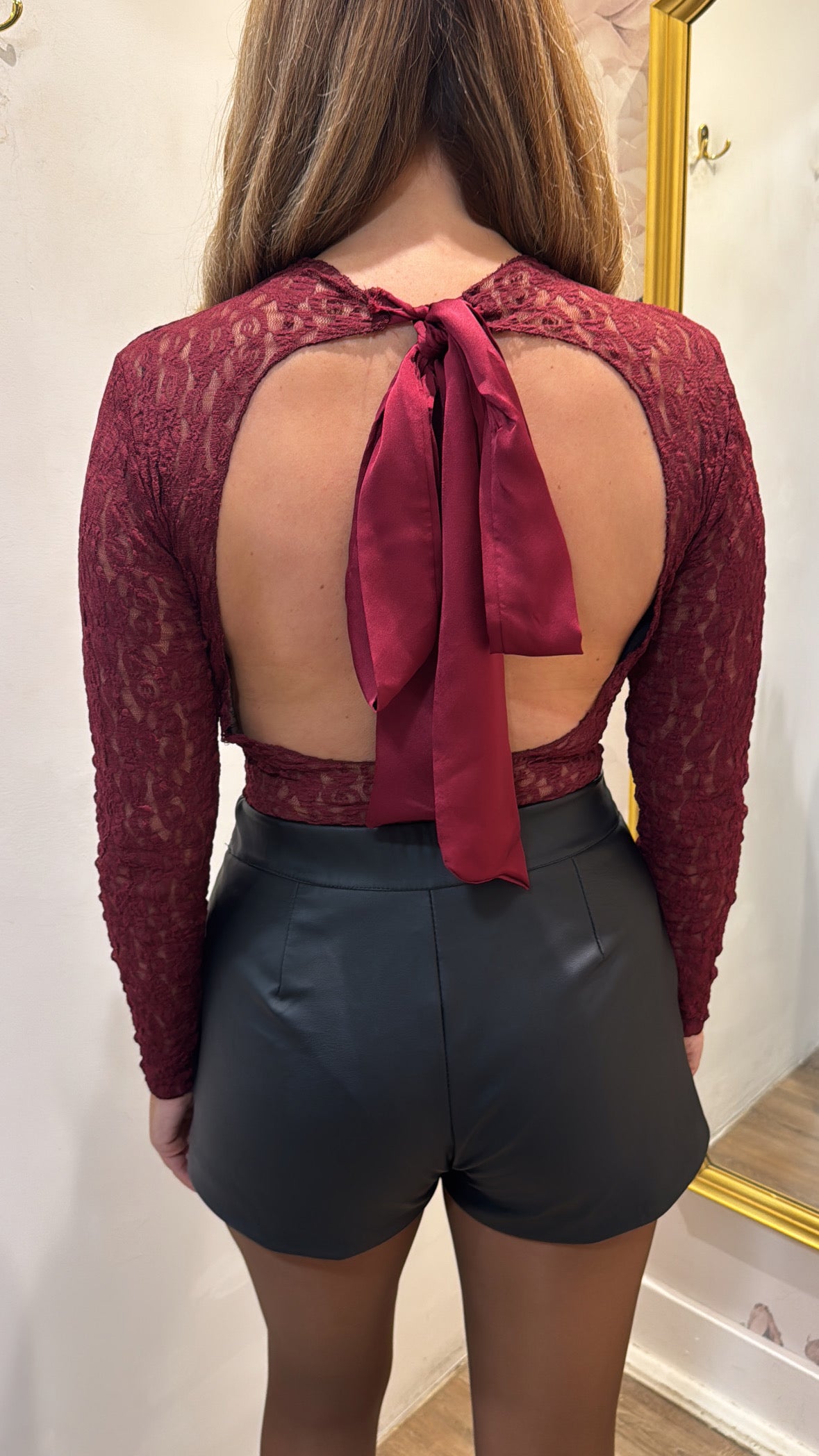 LILLIE black lace open back bow bodysuit