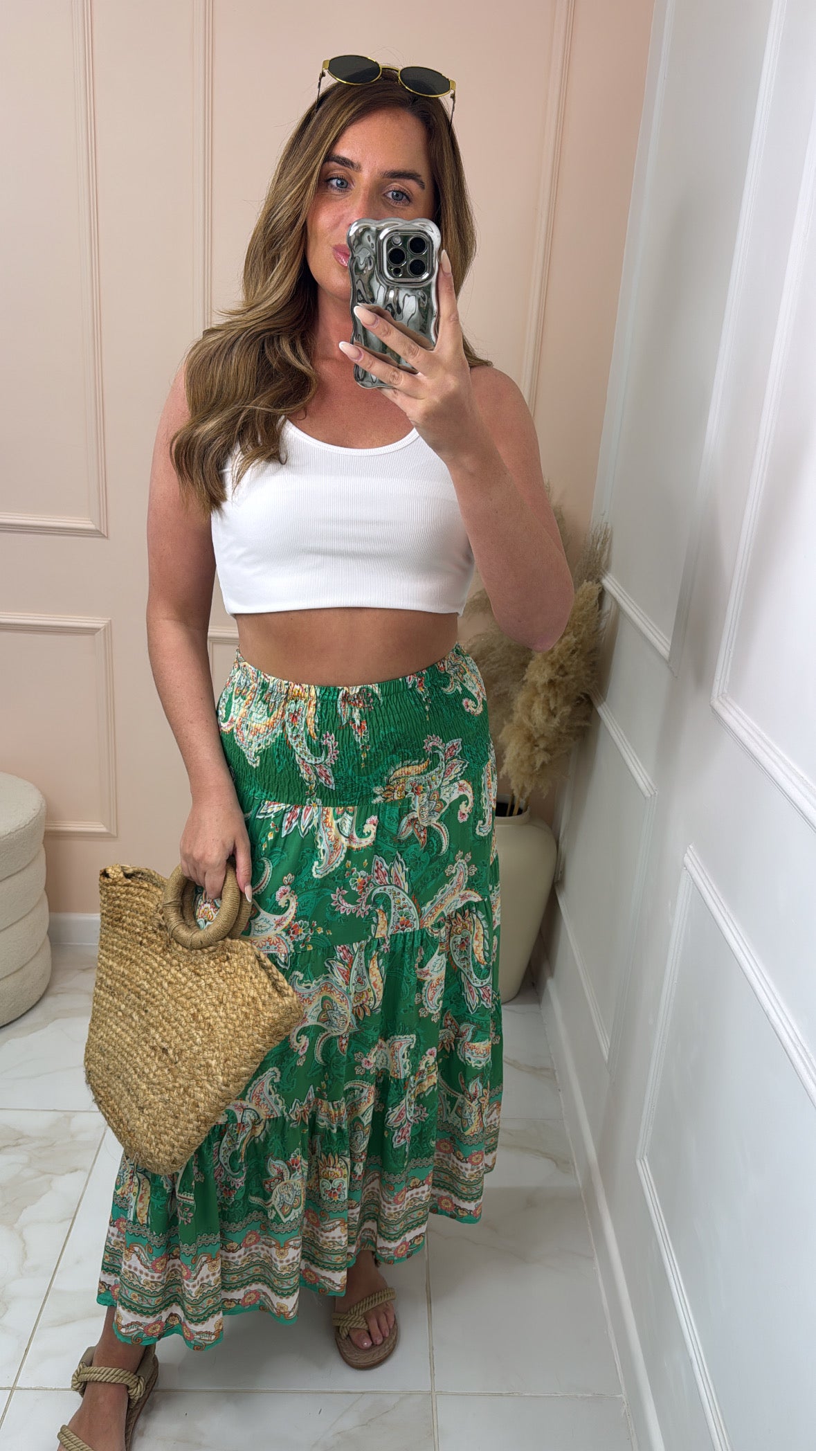 NINA green paisley tiered maxi skirt