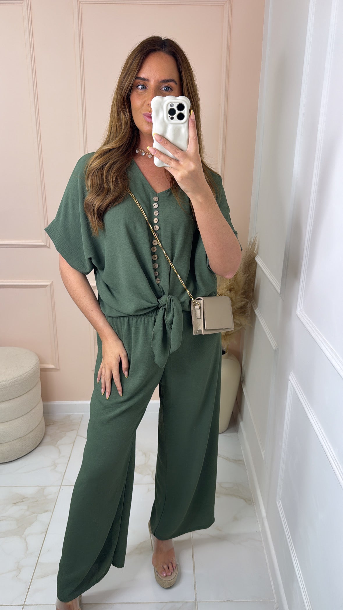MAE khaki button tie front trouser set