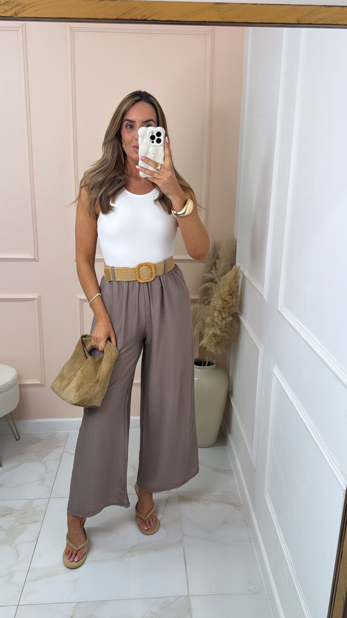 BELLE taupe chiffon trouser with woven belt