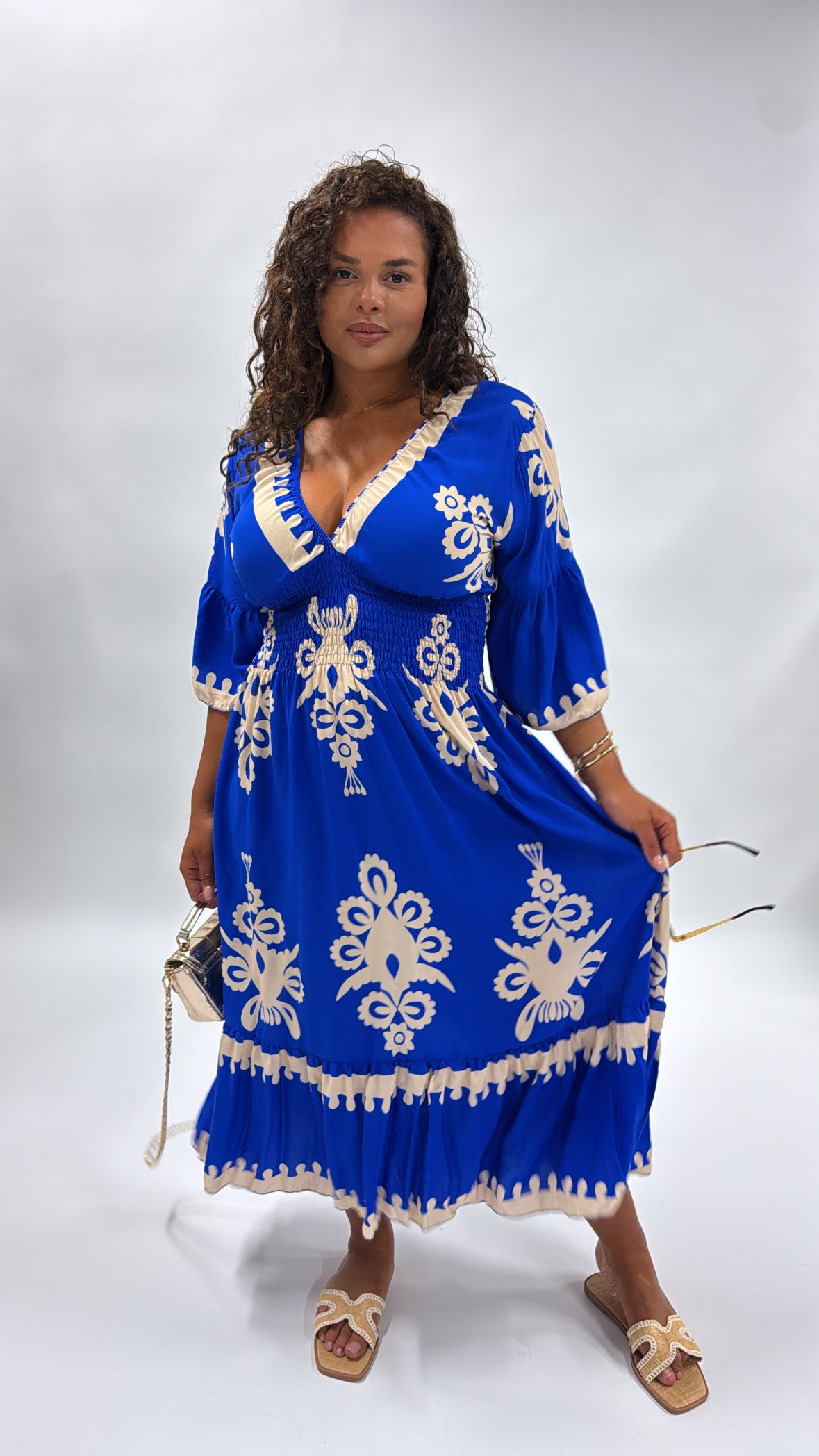 BRODIE blue printed shirred maxi dress