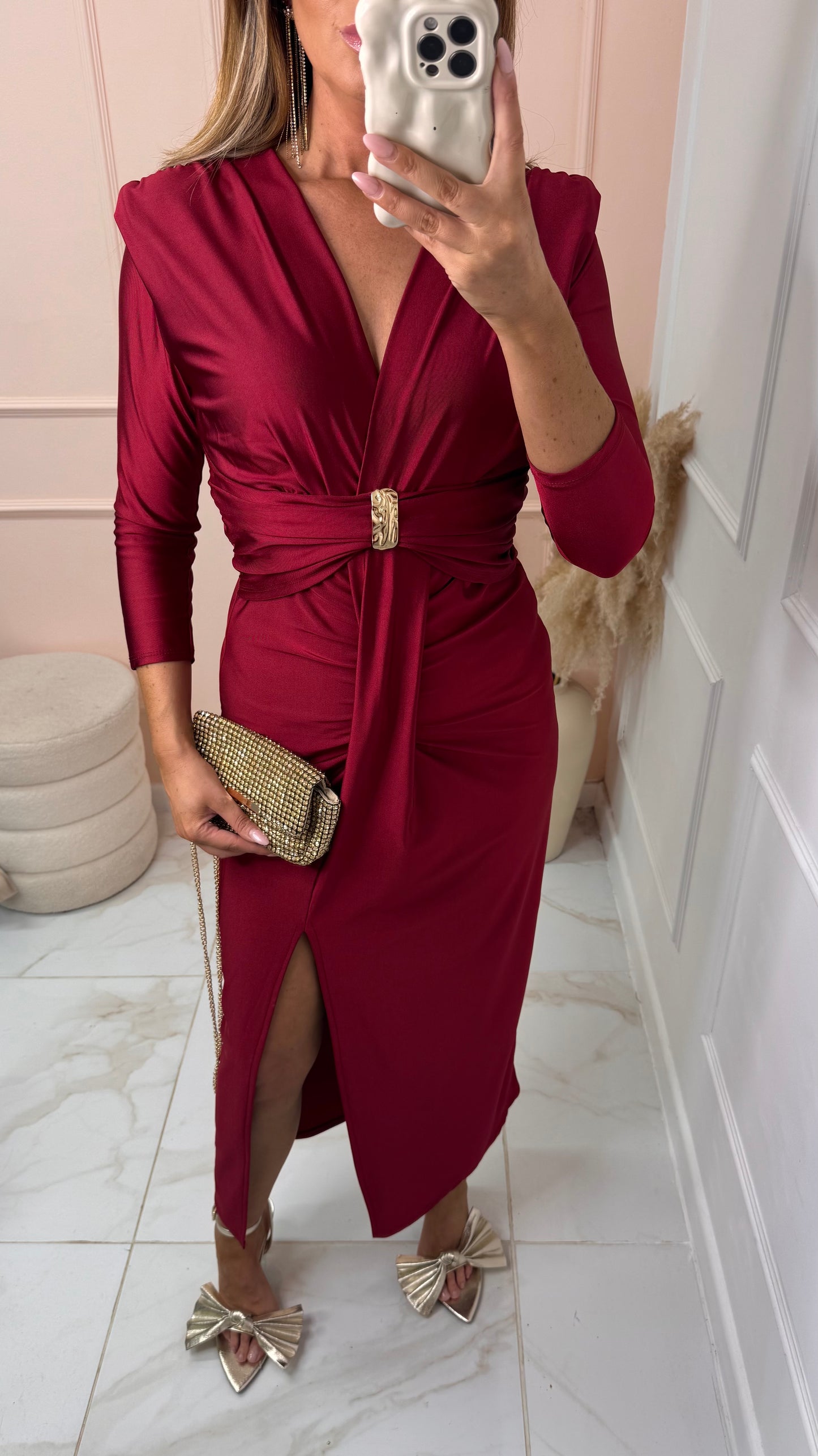 ELLA burgundy drape slinky shoulder pad maxi dress