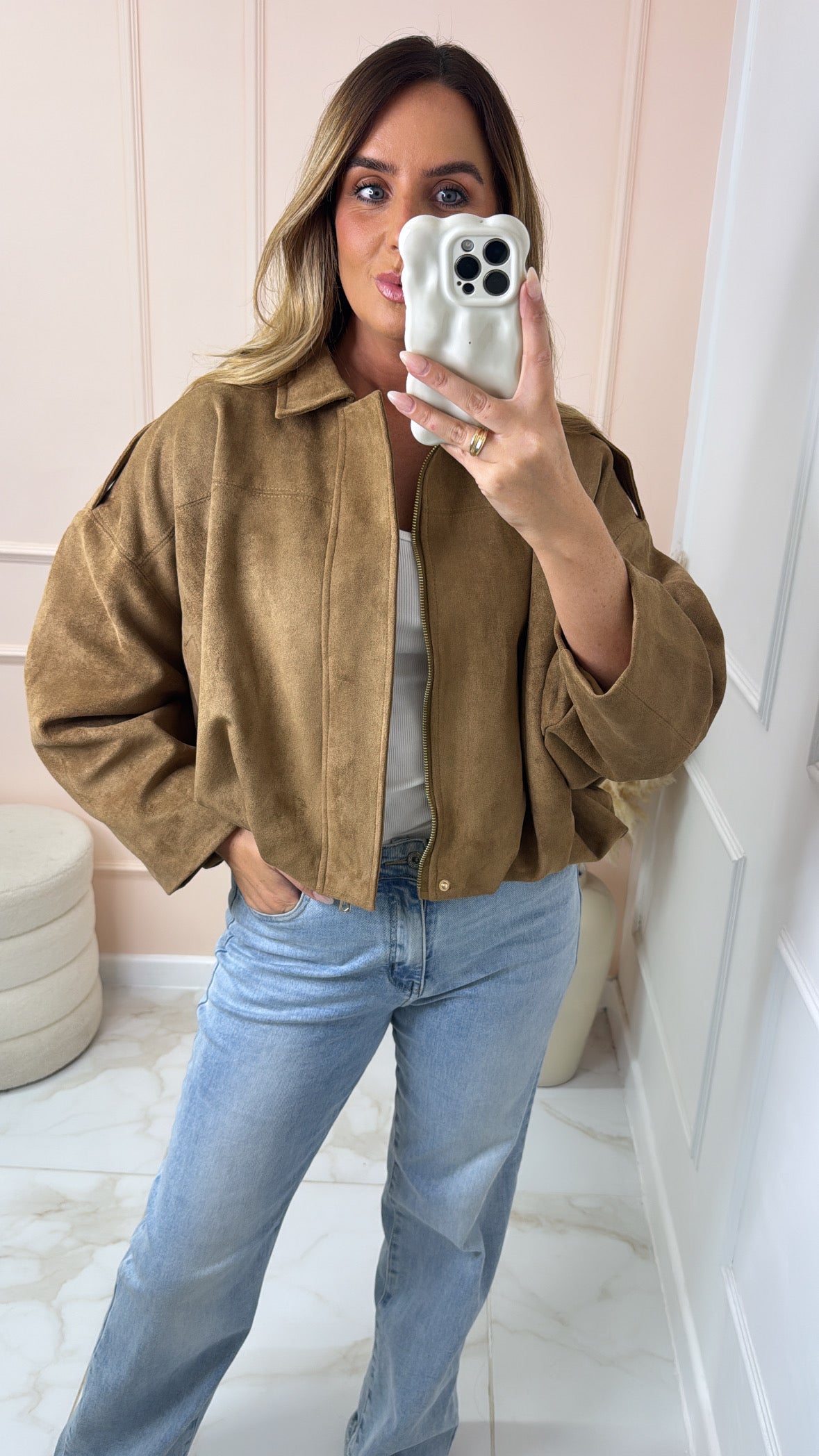 MABEL tan puffball suede jacket