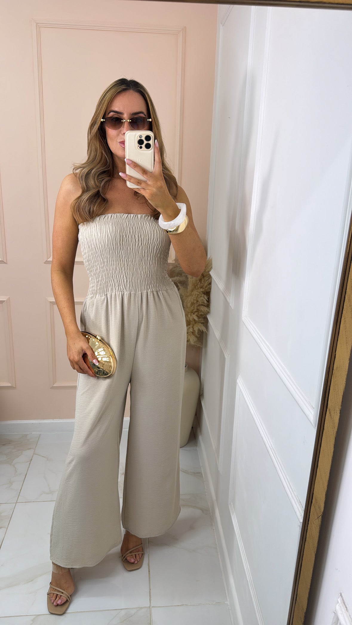 LIBBY beige shirred floaty bandeau jumpsuit