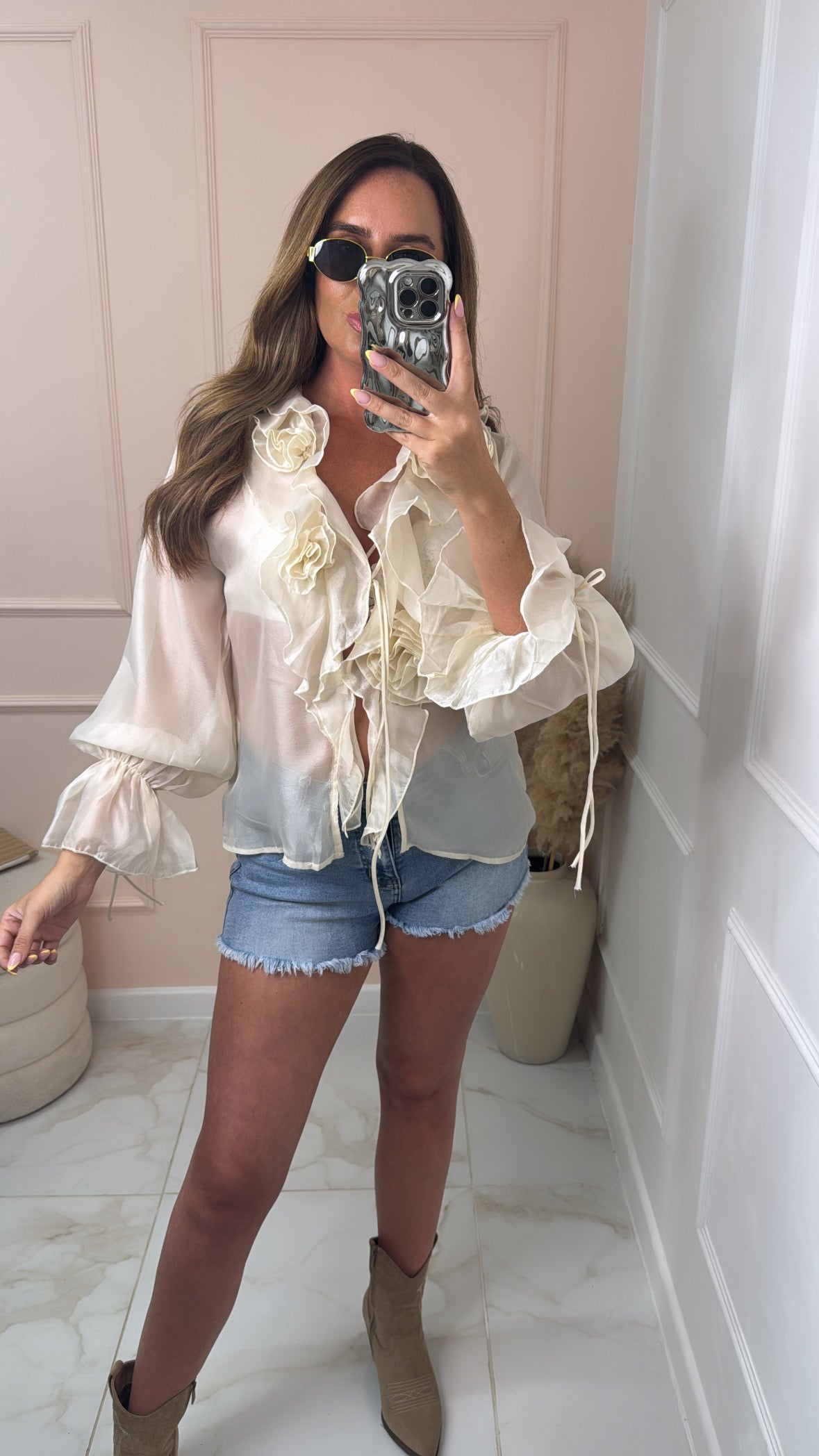 VIOLET beige floral sheer blouse