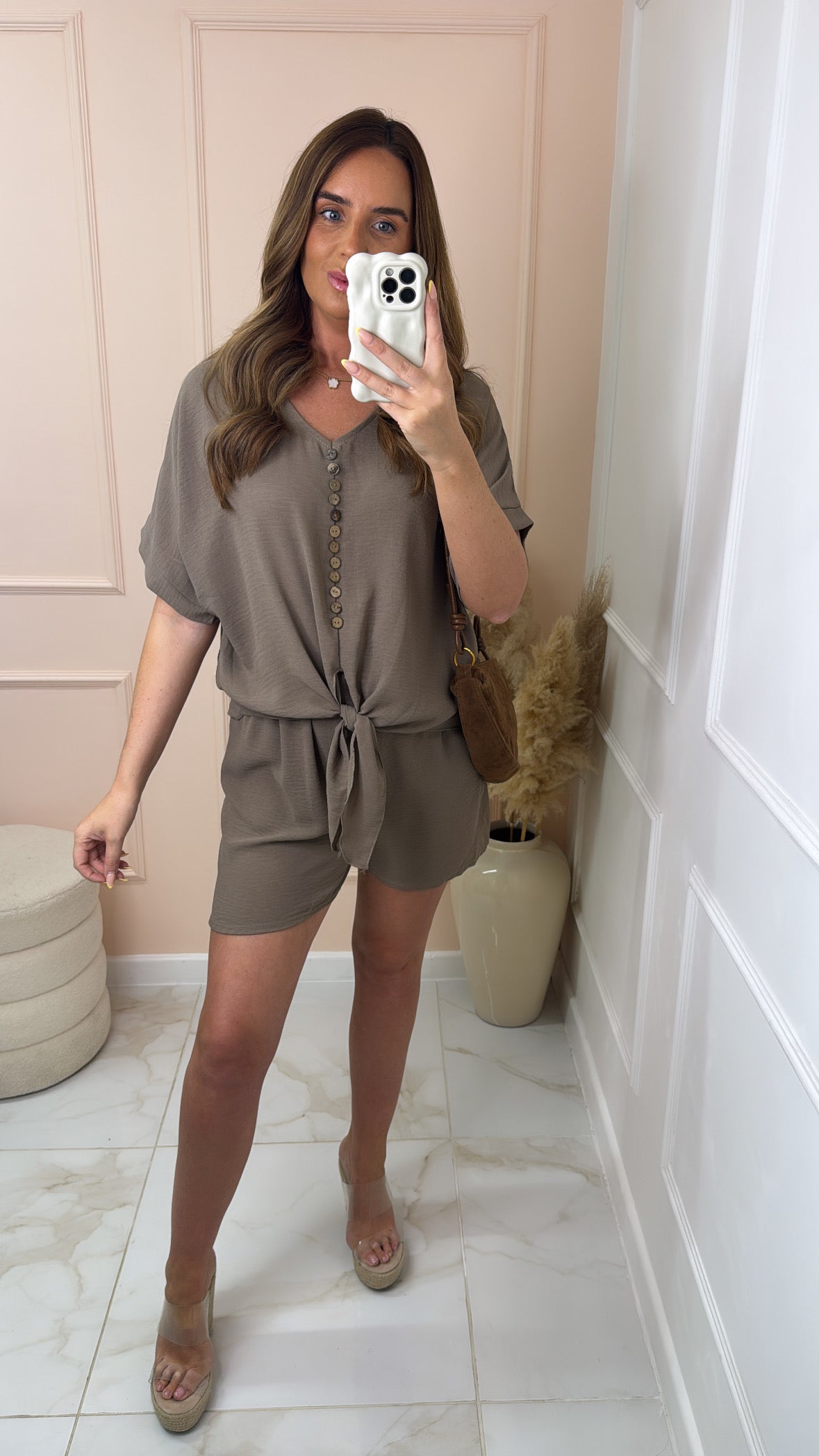 MACEY taupe button tie front short set