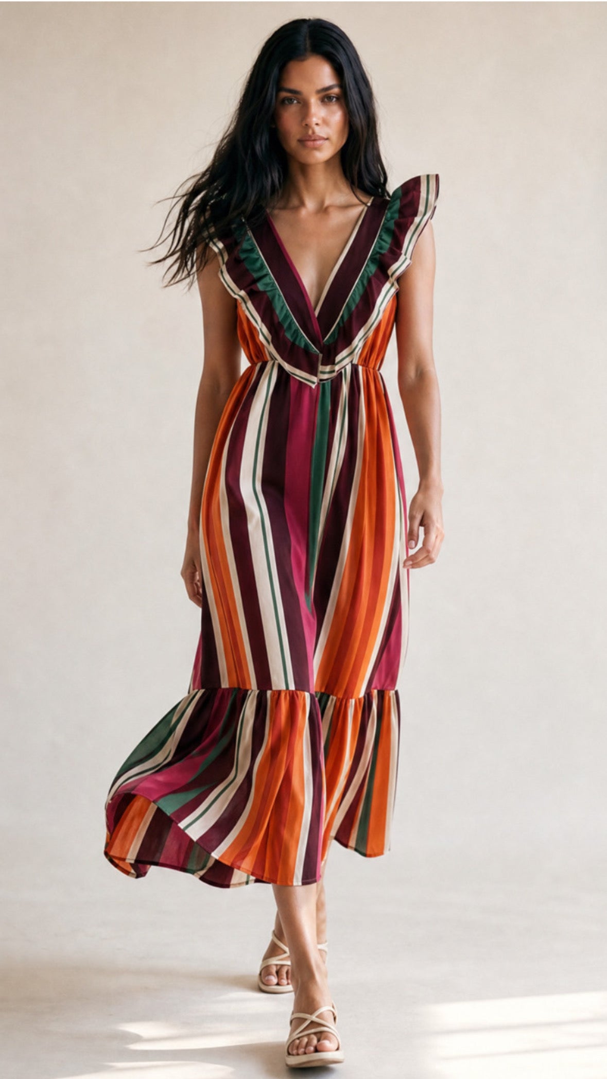 PHOEBE multi stripe frill maxi dress