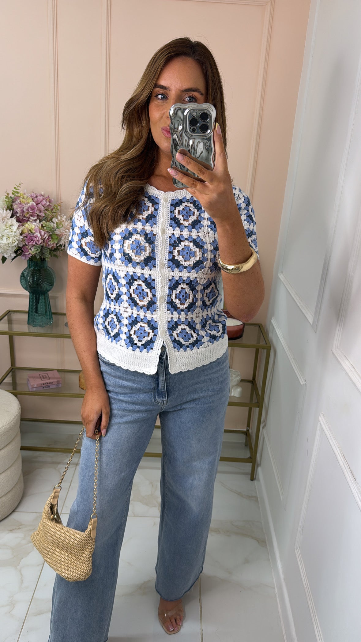 CORA blue scallop crochet top