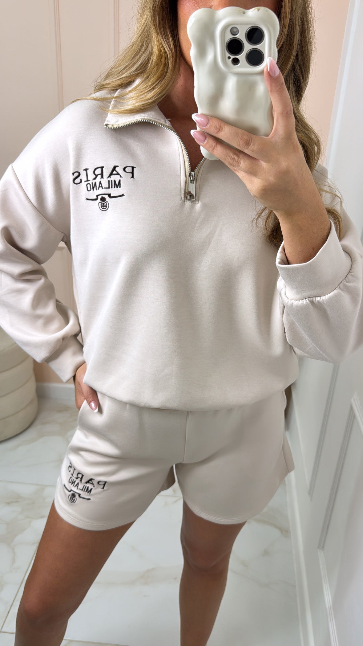 JASMINE beige embroidered half zip lounge set