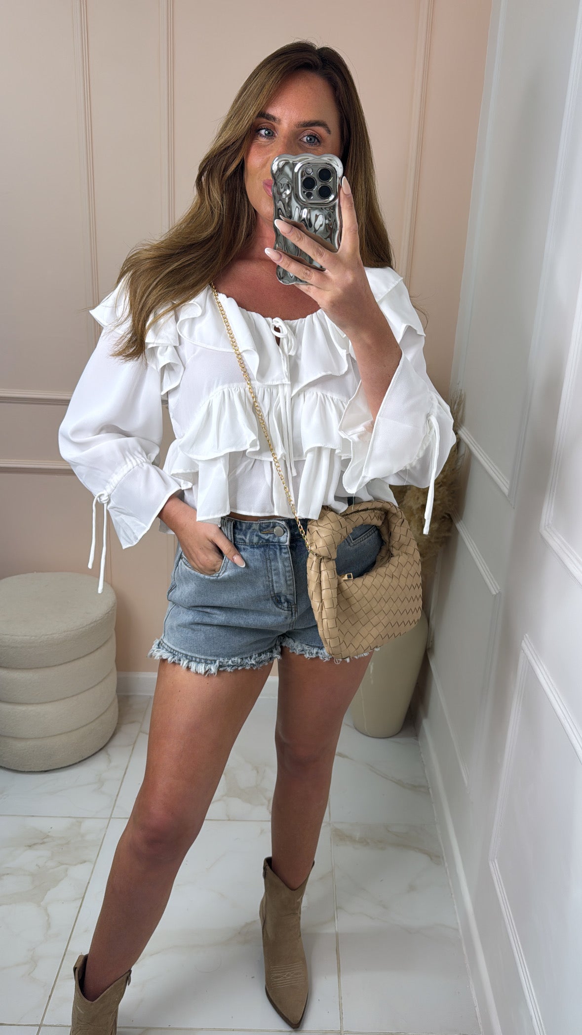BLAKE mid blue frayed denim shorts