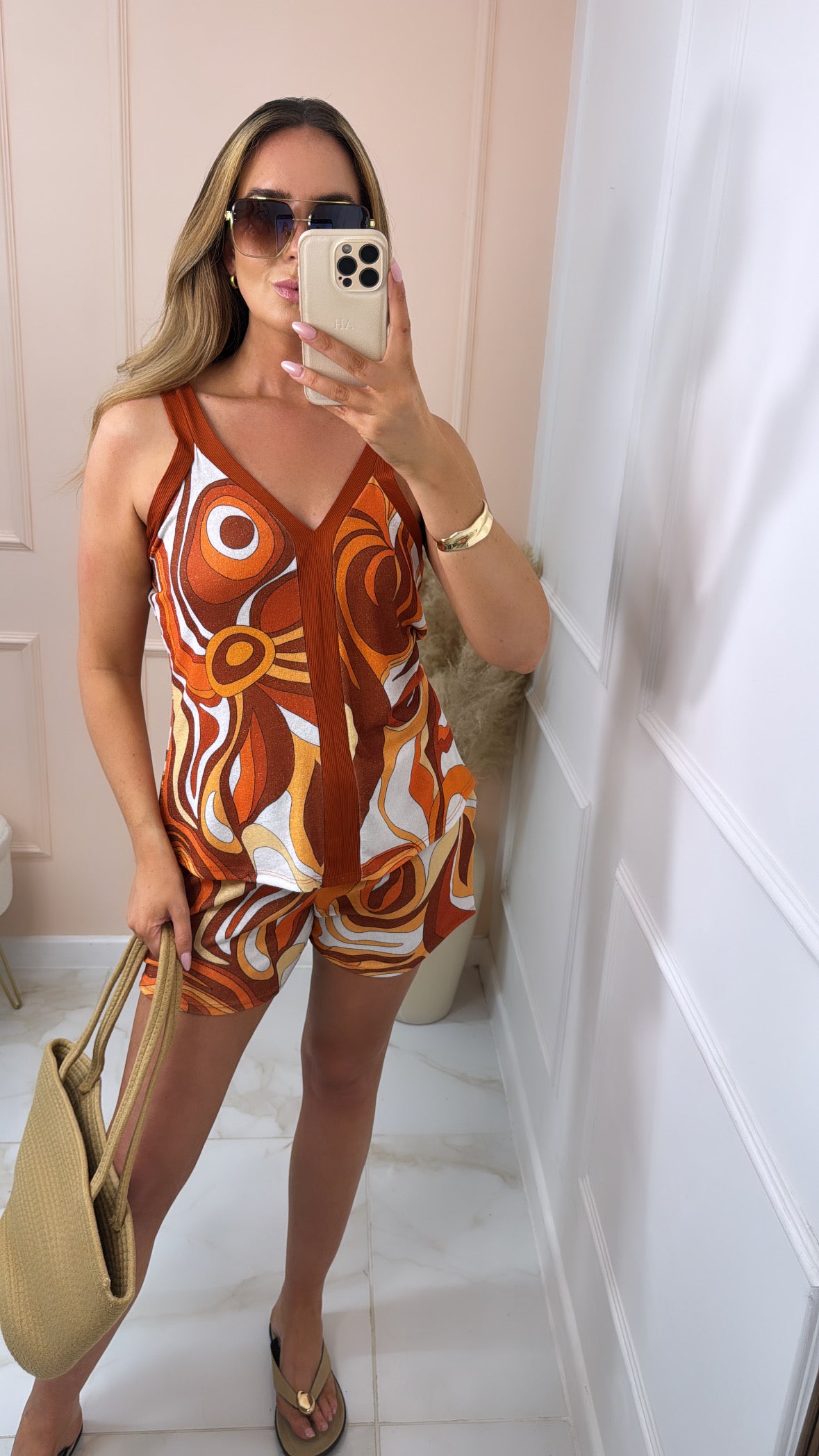 SUMMER orange swirl shimmer short set