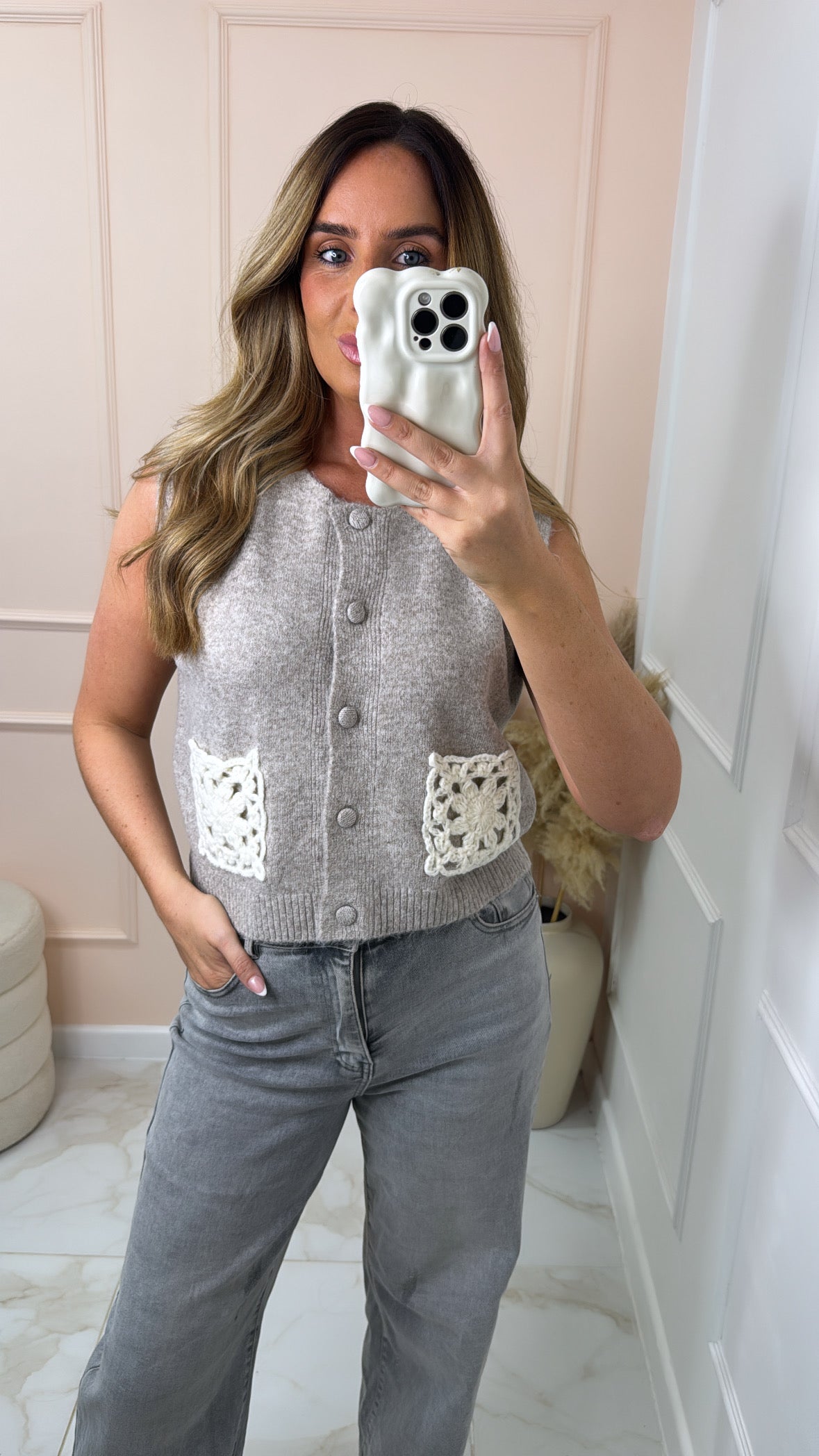 LAUREN taupe crochet pocket knit tank top