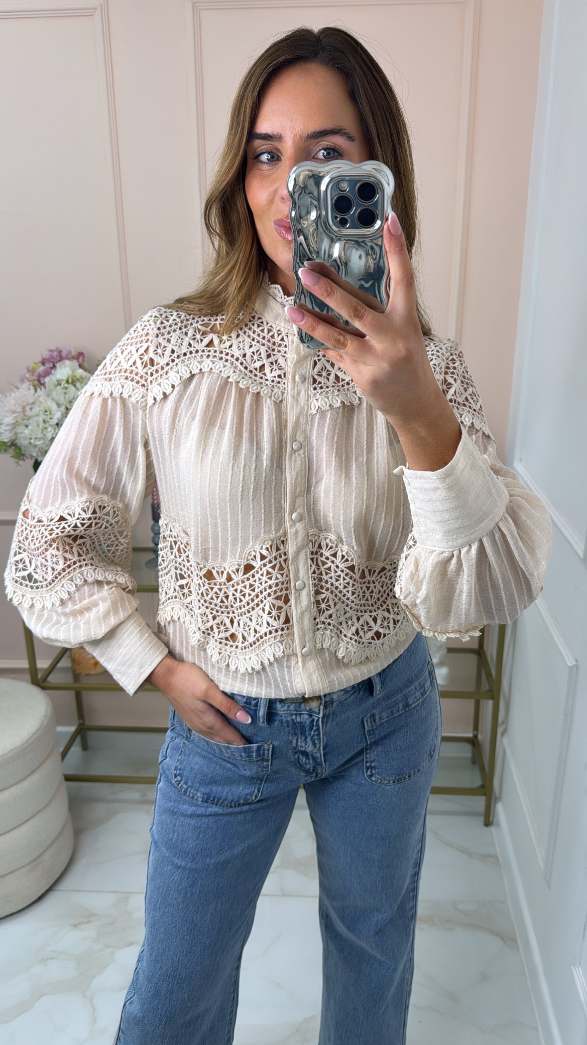 MAEVE beige crochet blouse