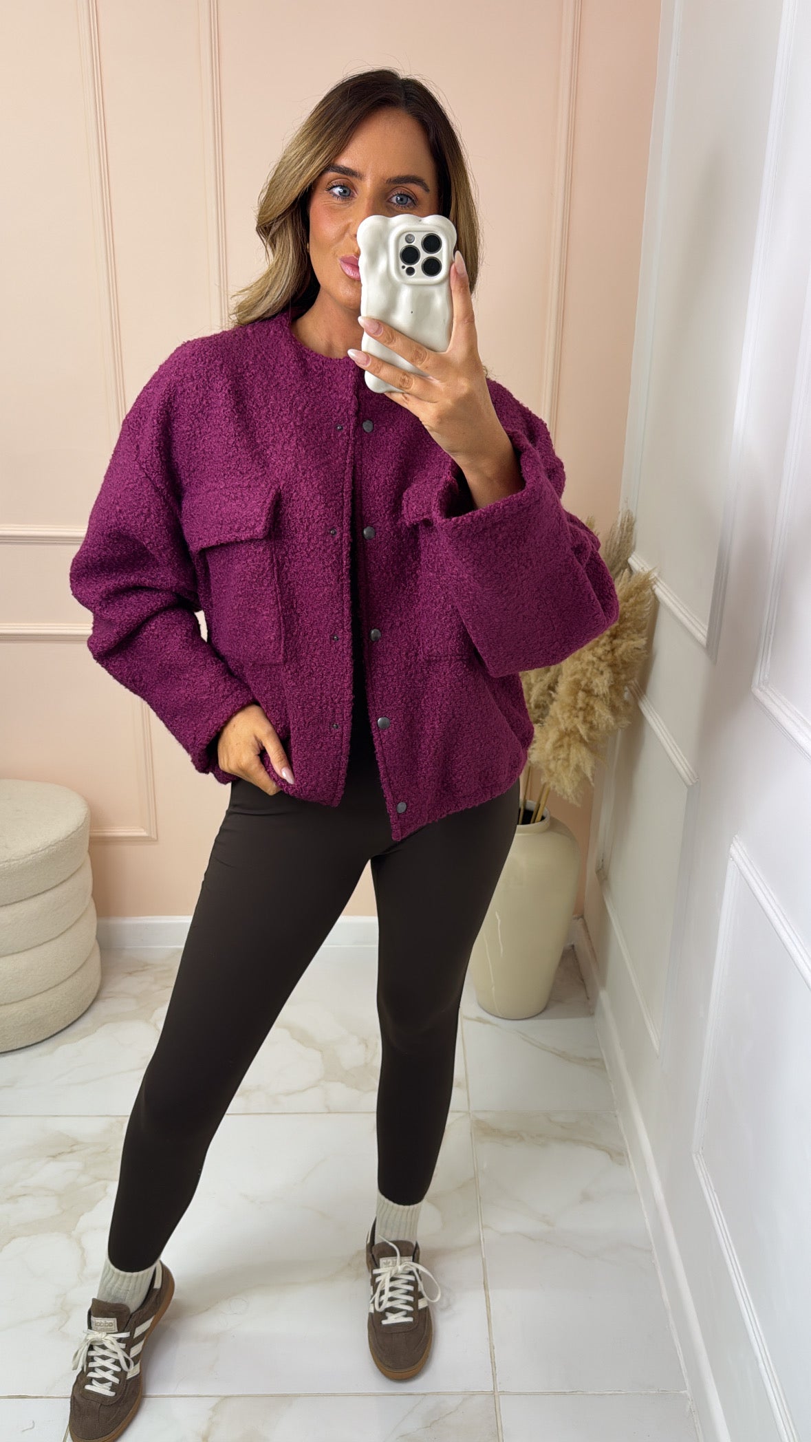 REMI magenta woolen effect oversized bomber jacket