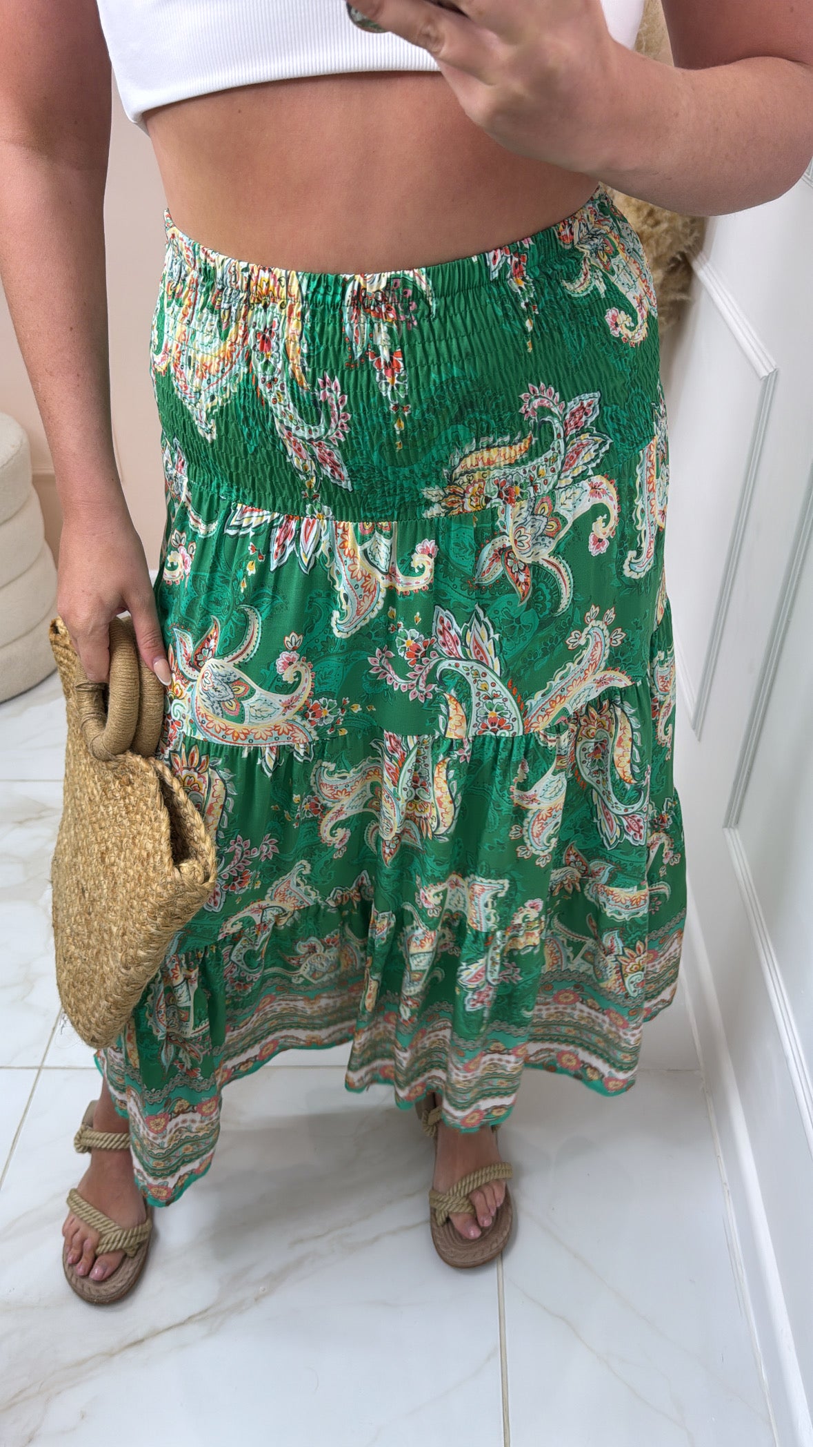 NINA green paisley tiered maxi skirt