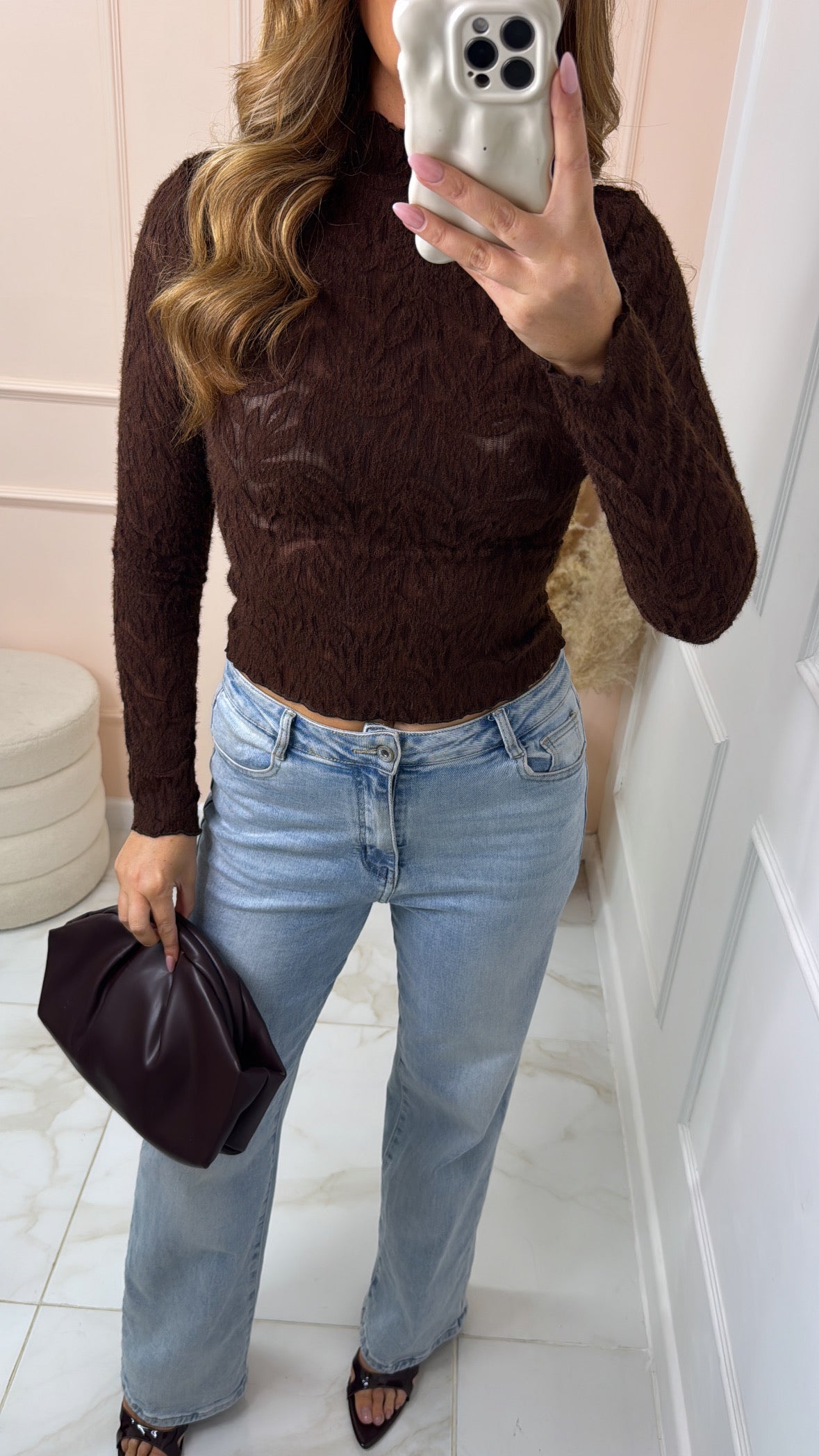 ROSE brown long sleeve lace top