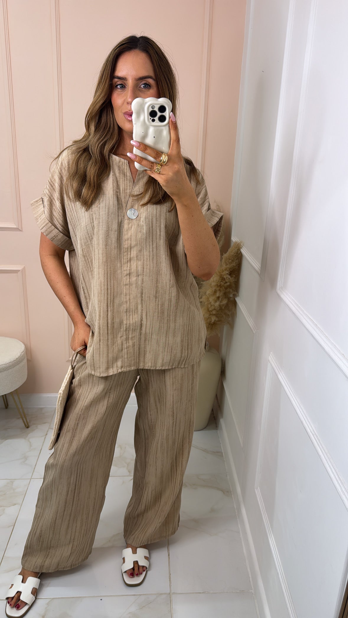 EMILY taupe tie dye button detail trouser set