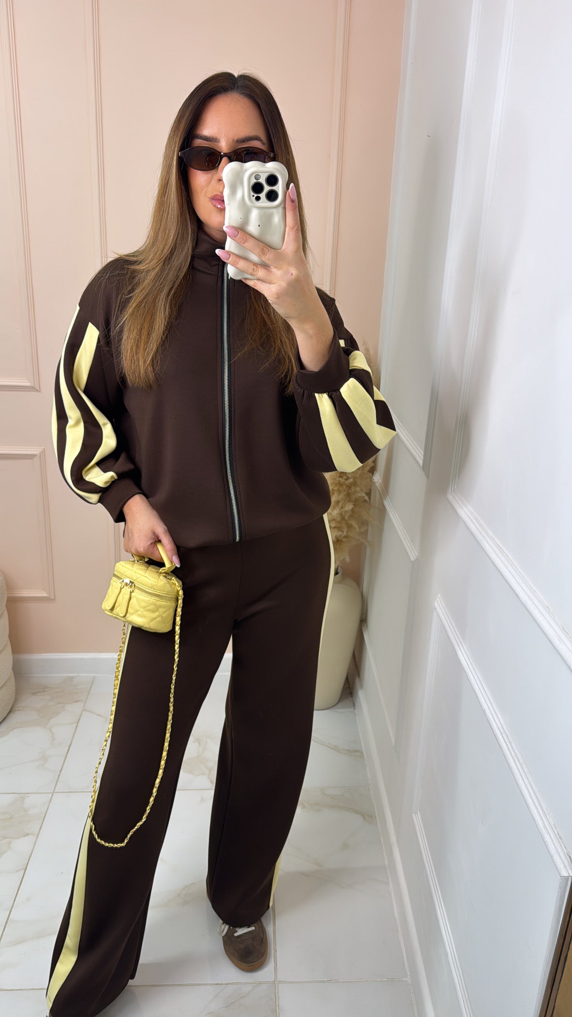 CONNIE brown funnel neck side stripe tracksuit