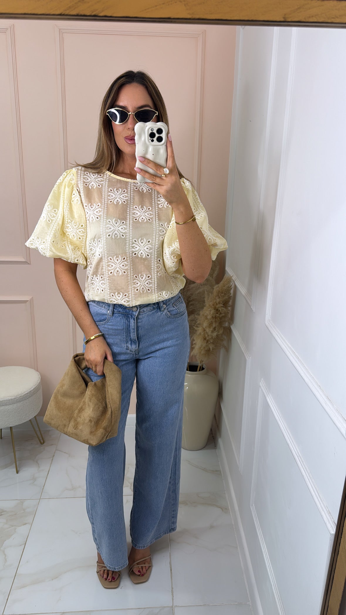 JONIE lemon embroidered puff sleeve top
