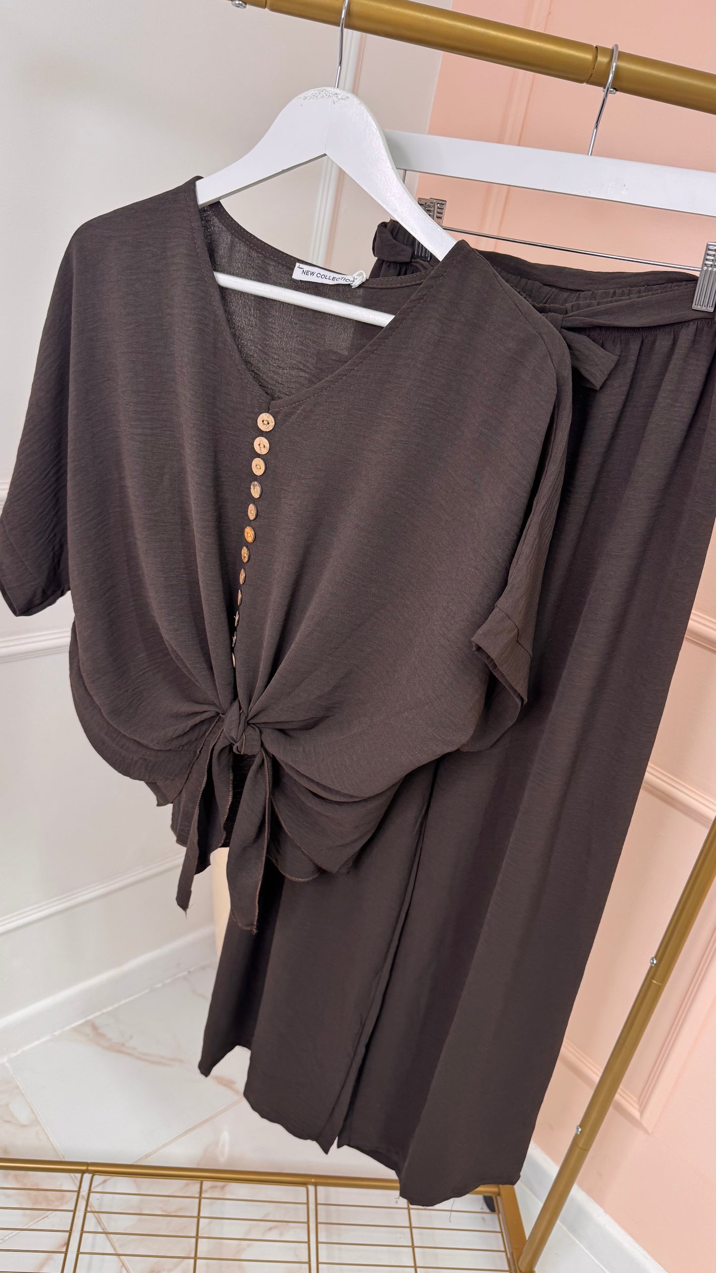 MAE chocolate button tie front trouser set