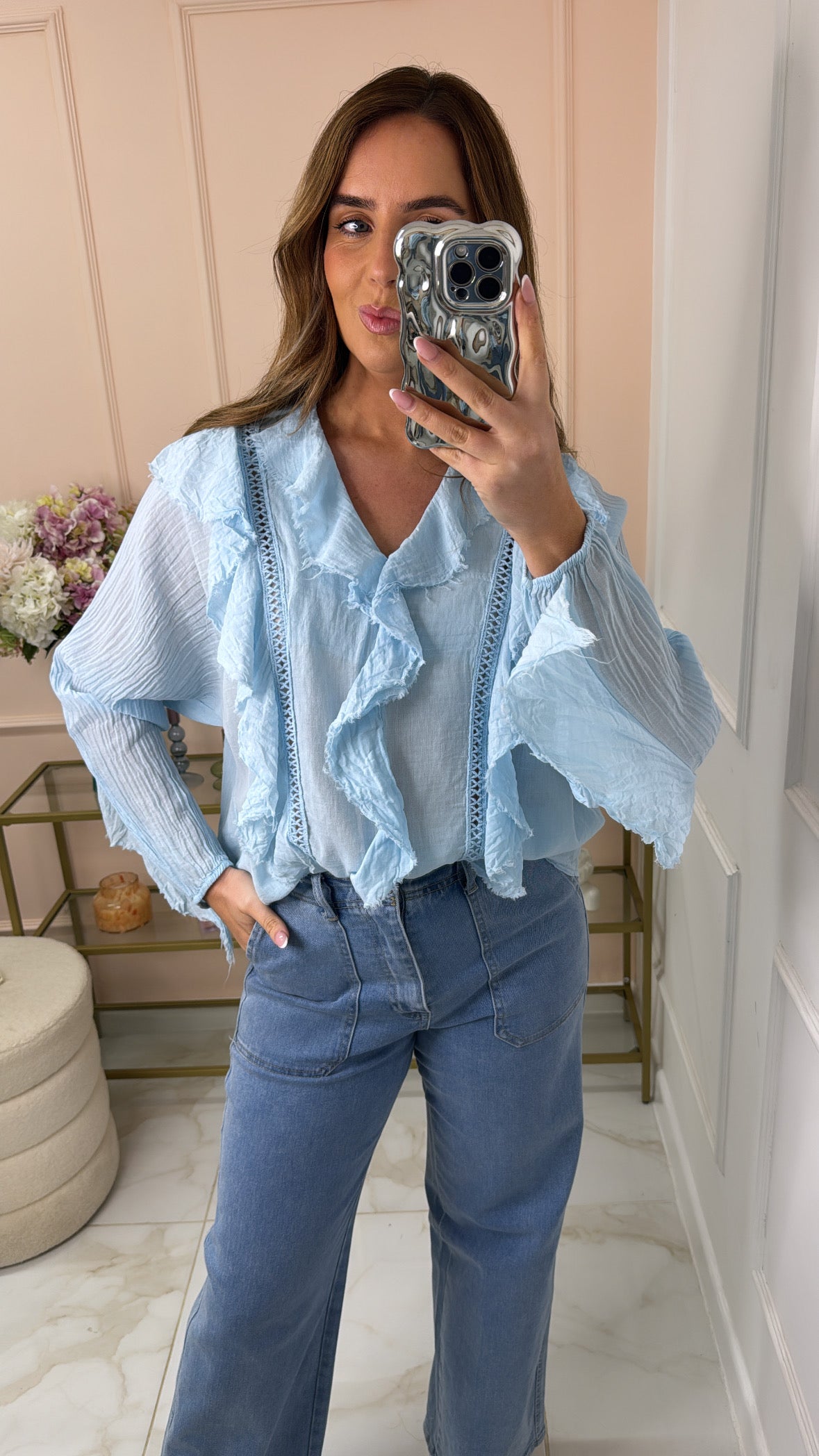CHLOE blue ruffle frayed crochet cotton blouse