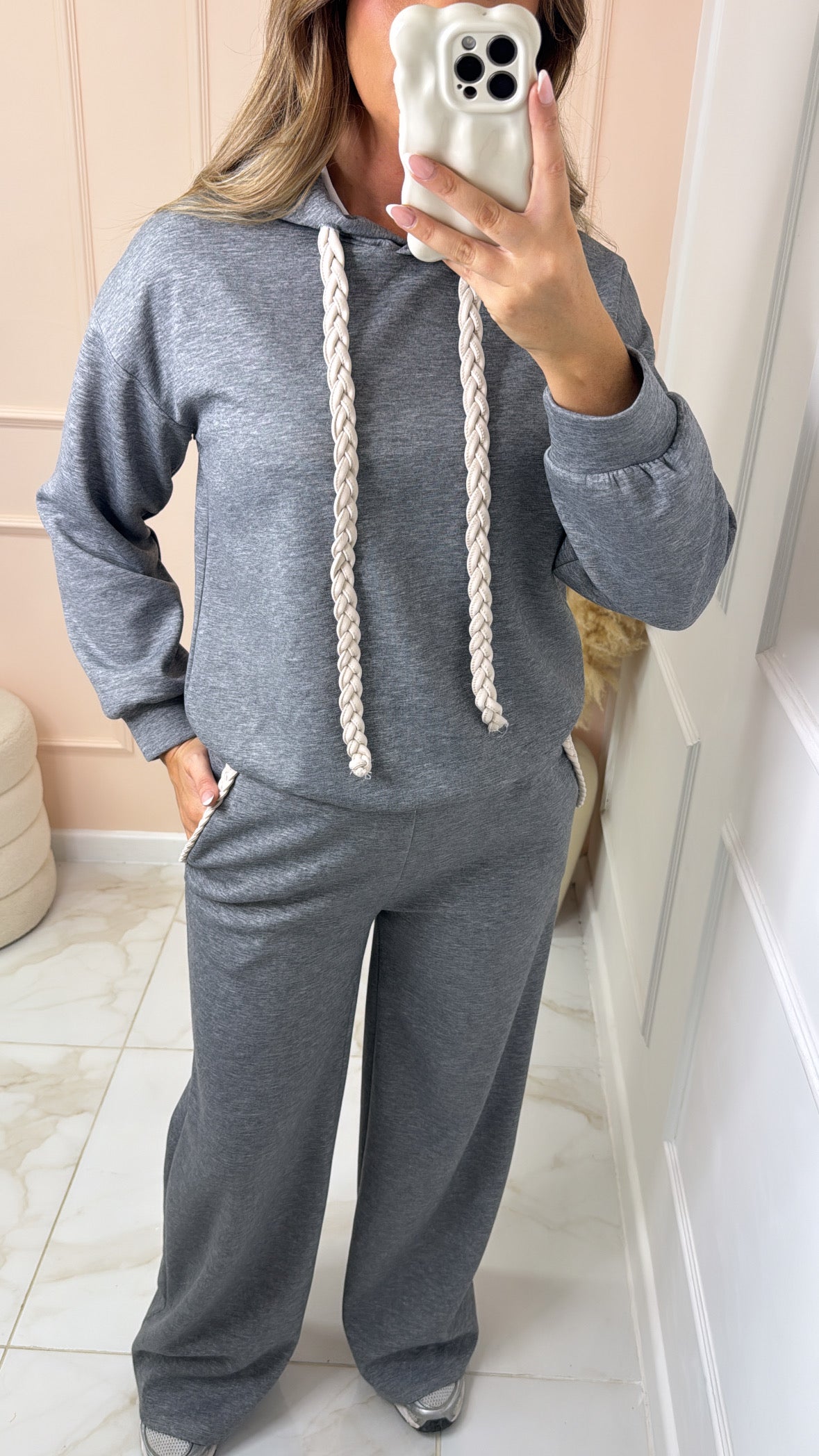 NANCY grey plait detail hooded lounge set